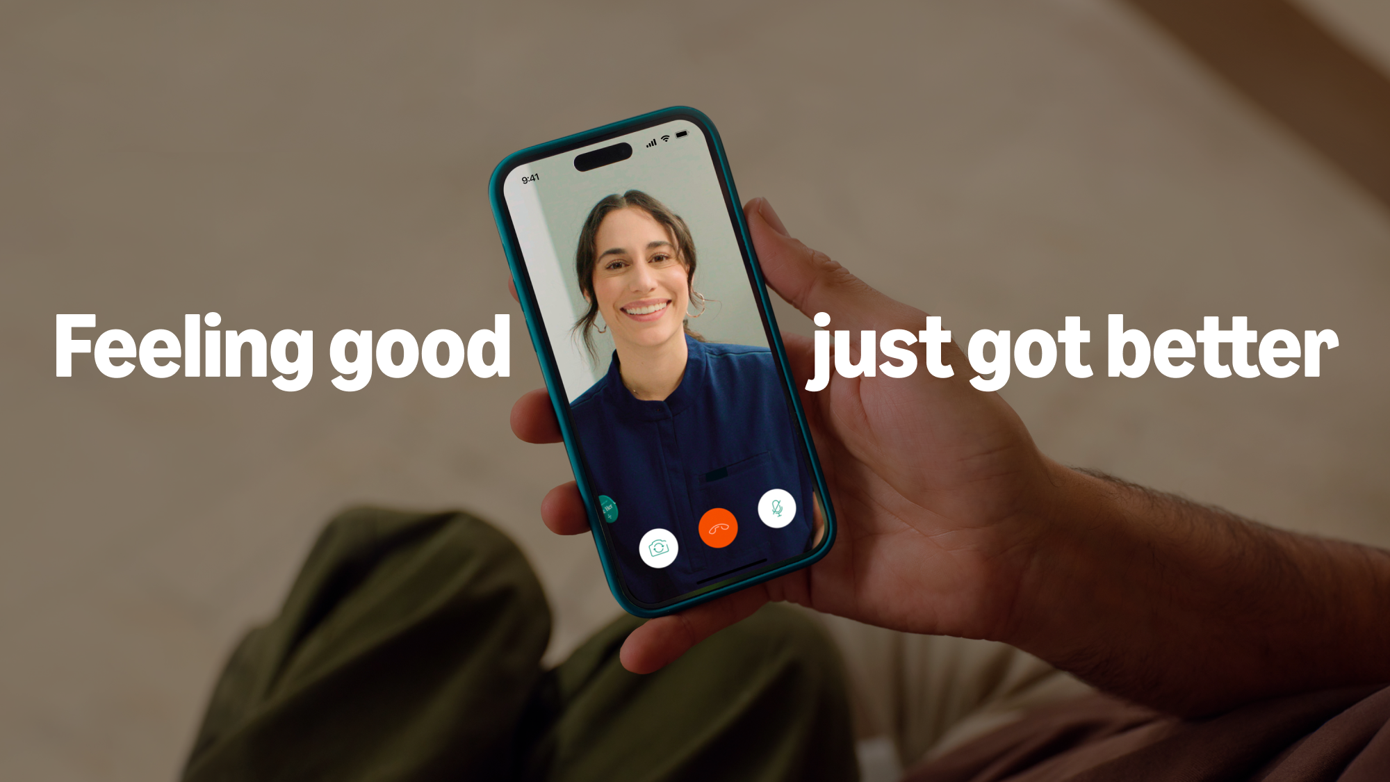Video call with smiling woman and text that reads "feeling good just got better"