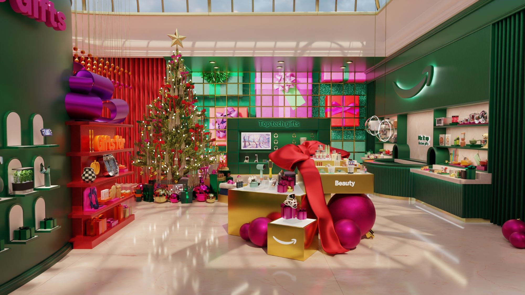 Amazon's vibrant holiday virtual store interior featuring beauty products and tech gifts