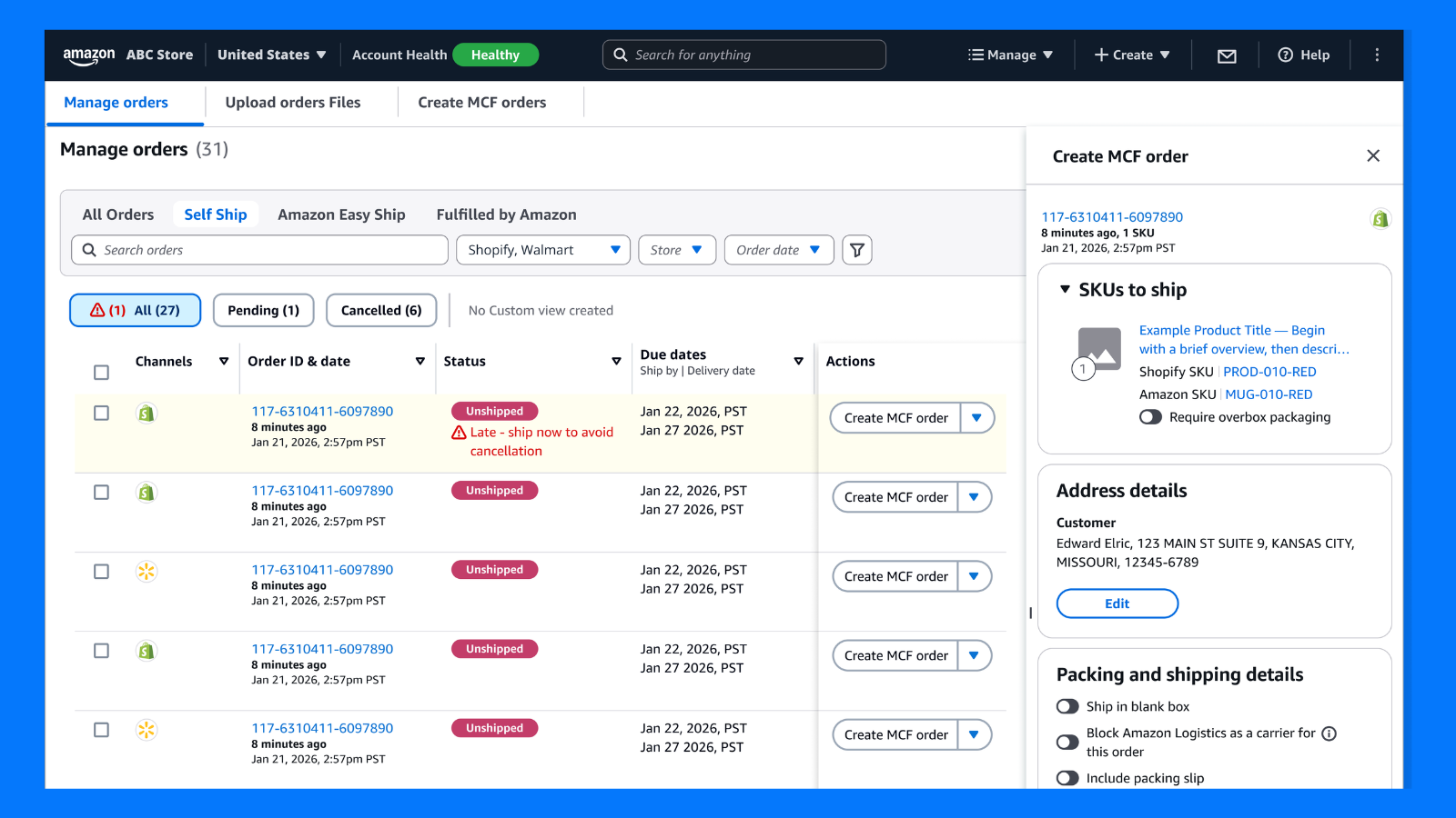 Amazon Seller Central Manage Orders page showing order list and Create MCF order panel with SKU and shipping details