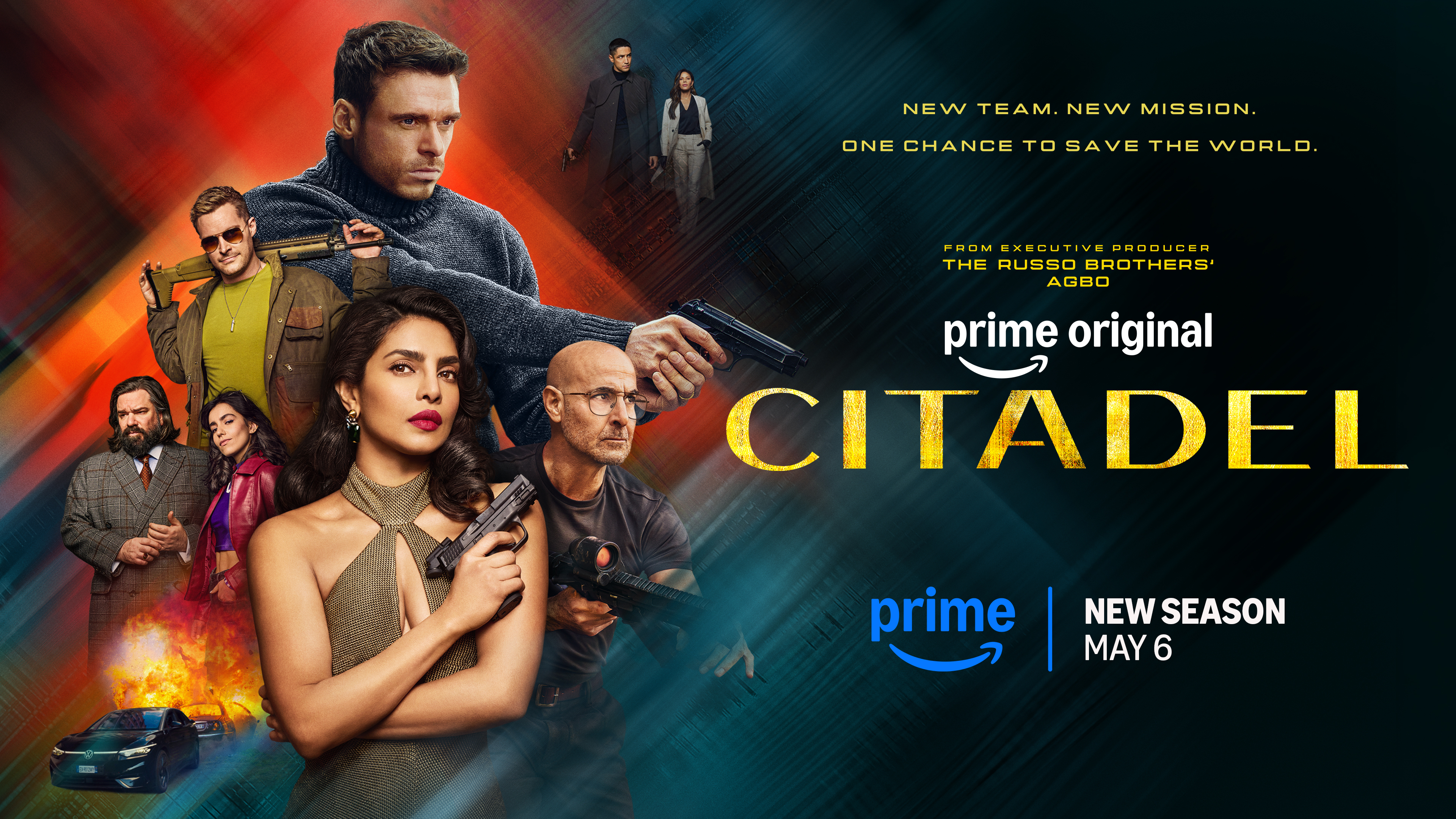 Citadel promotional poster featuring cast members with weapons against dramatic red and blue background, announcing new season May 6 on Prime Video
