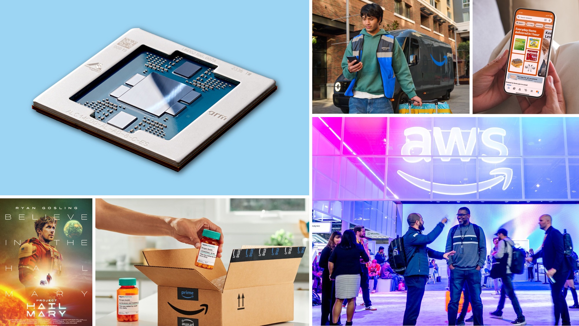 Collage showing Amazon technology and services including a chip, delivery person, mobile app, AWS conference, pharmacy packaging, and Prime Video content.