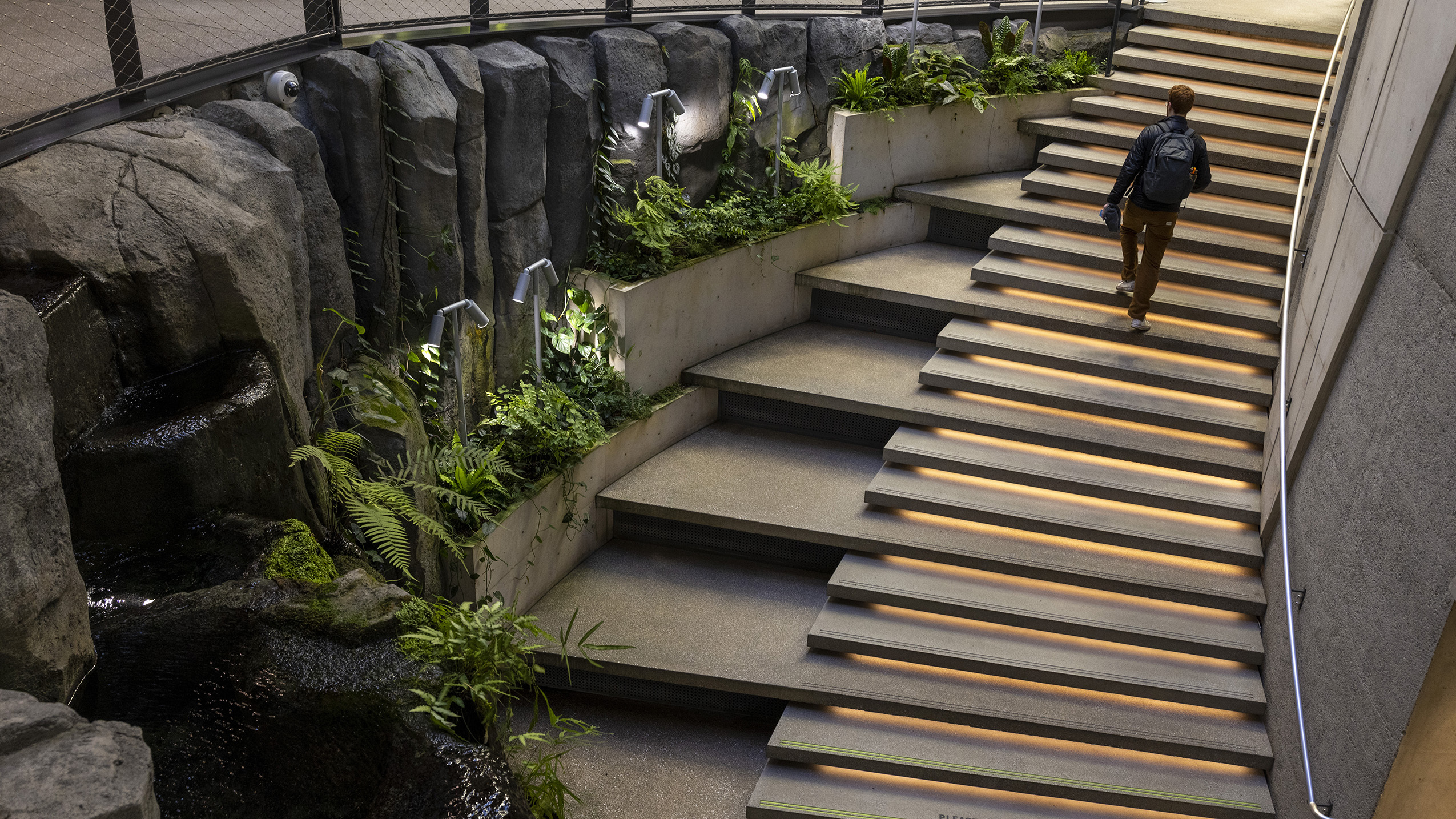 A man walks up concrete steps lit from below. To his left is a large, stone waterfall with plants growing inside.