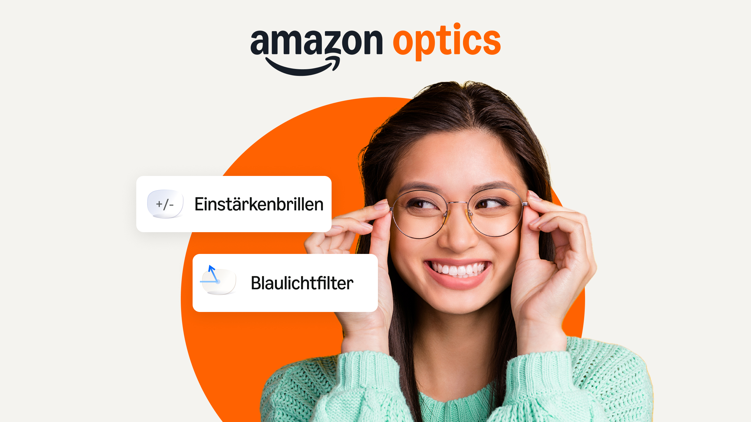 Eine Frau mit Brille und orangement Hintergrund. In der Überschrift steht Amazon Optics. 