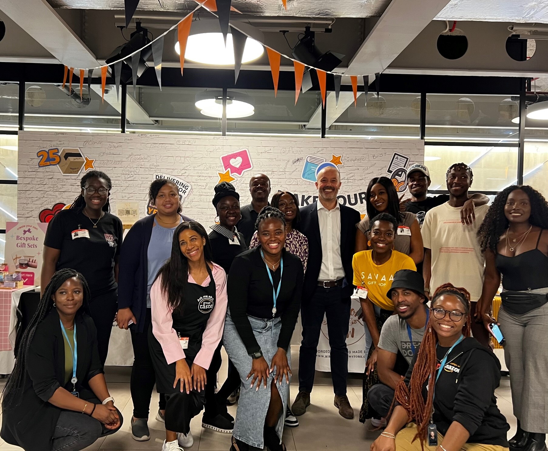 John Boumphrey, Country Manager, Amazon UK, with attendees of the Black Founders' Marketplace