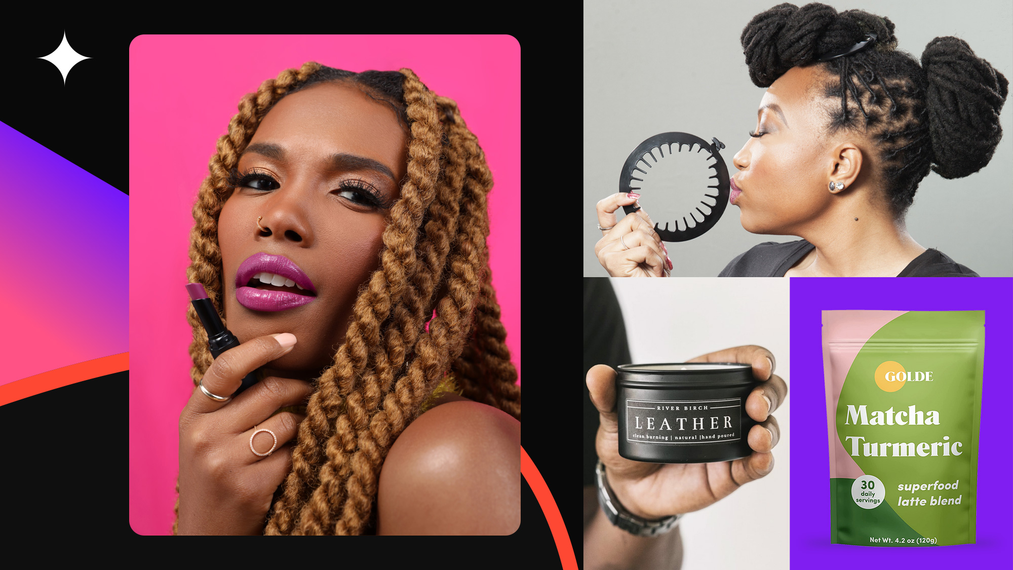 Multicultural beauty essentials including hair products and superfood blend
