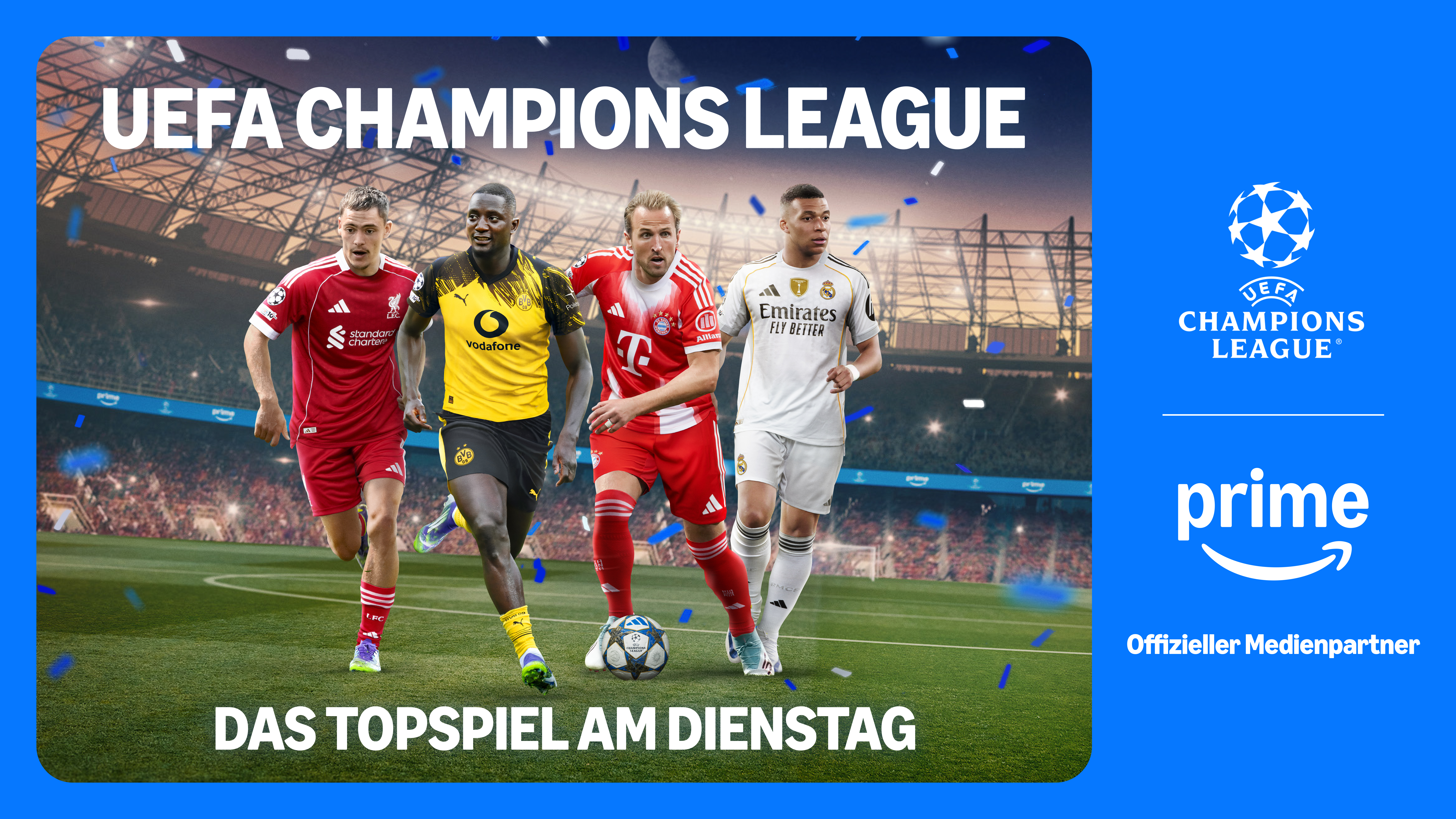Werbefoto zur UEFA Champions League mit Spielern von Liverpool, Borussia Dortmund, Bayern München und Real Madrid