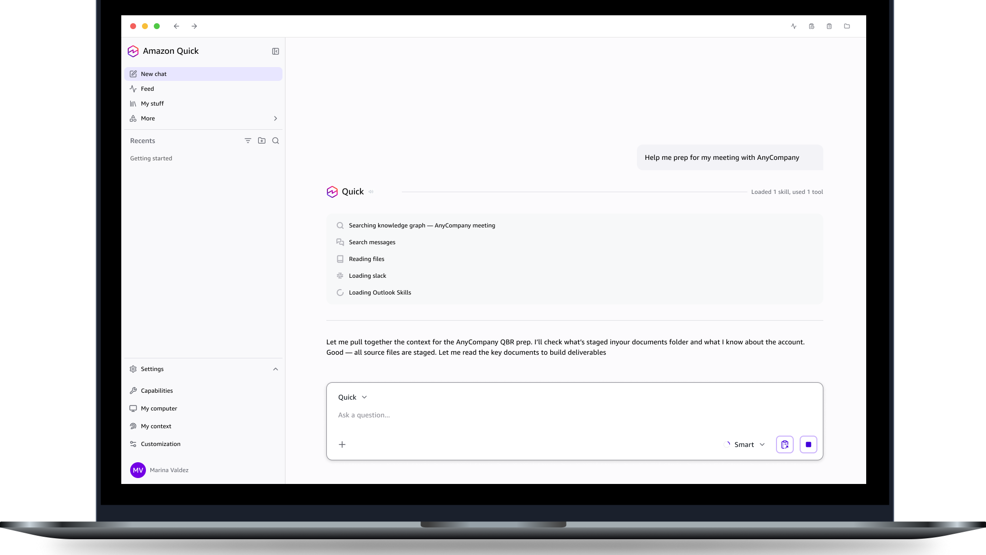 Amazon Quick interface showing a chat conversation with task list including searching knowledge graph and reading files for AnyCompany meeting preparation