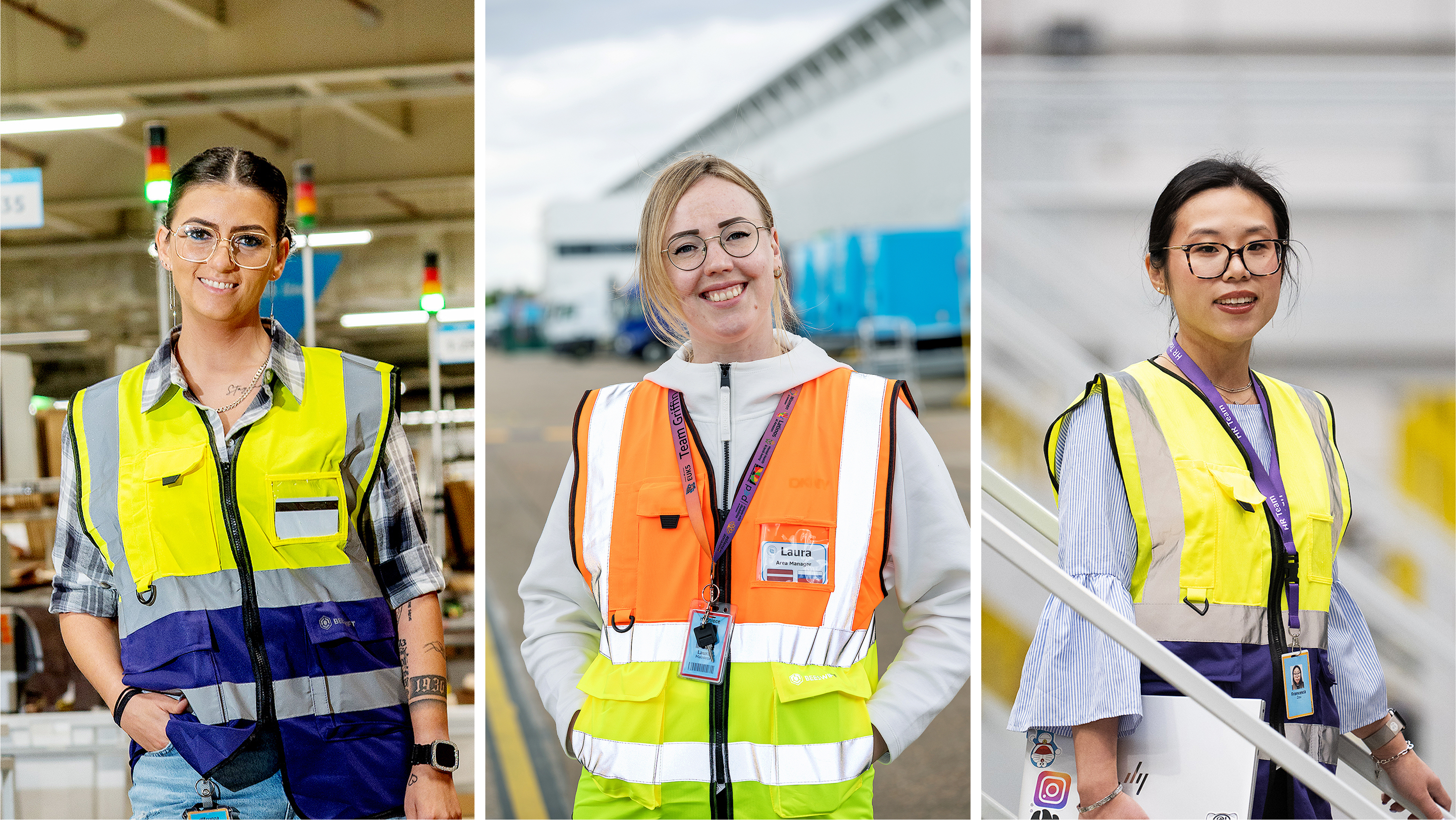 Three seperate photos showing smiling Amazon employees standing infront of and inside fulfilment centres