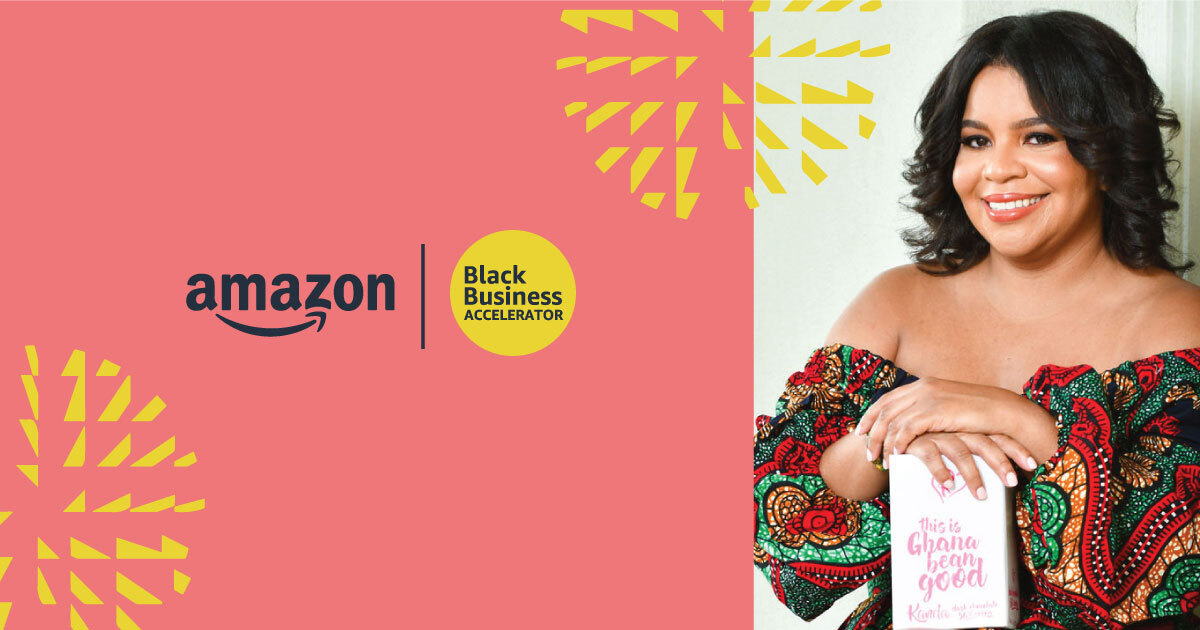 An image with a pink and yellow illustration on one side of it, and an image of a woman smiling while holding a bag of coffee from the coffee company she owns. The side with the graphic shows to logos: One for Amazon and the other for the Black Business Accelerator. 