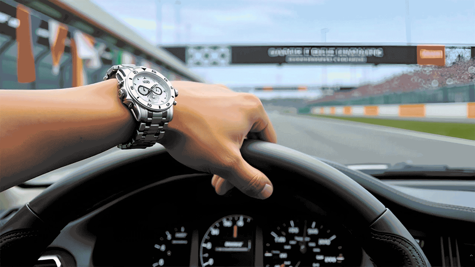 Luxury watch on wrist gripping steering wheel at racetrack