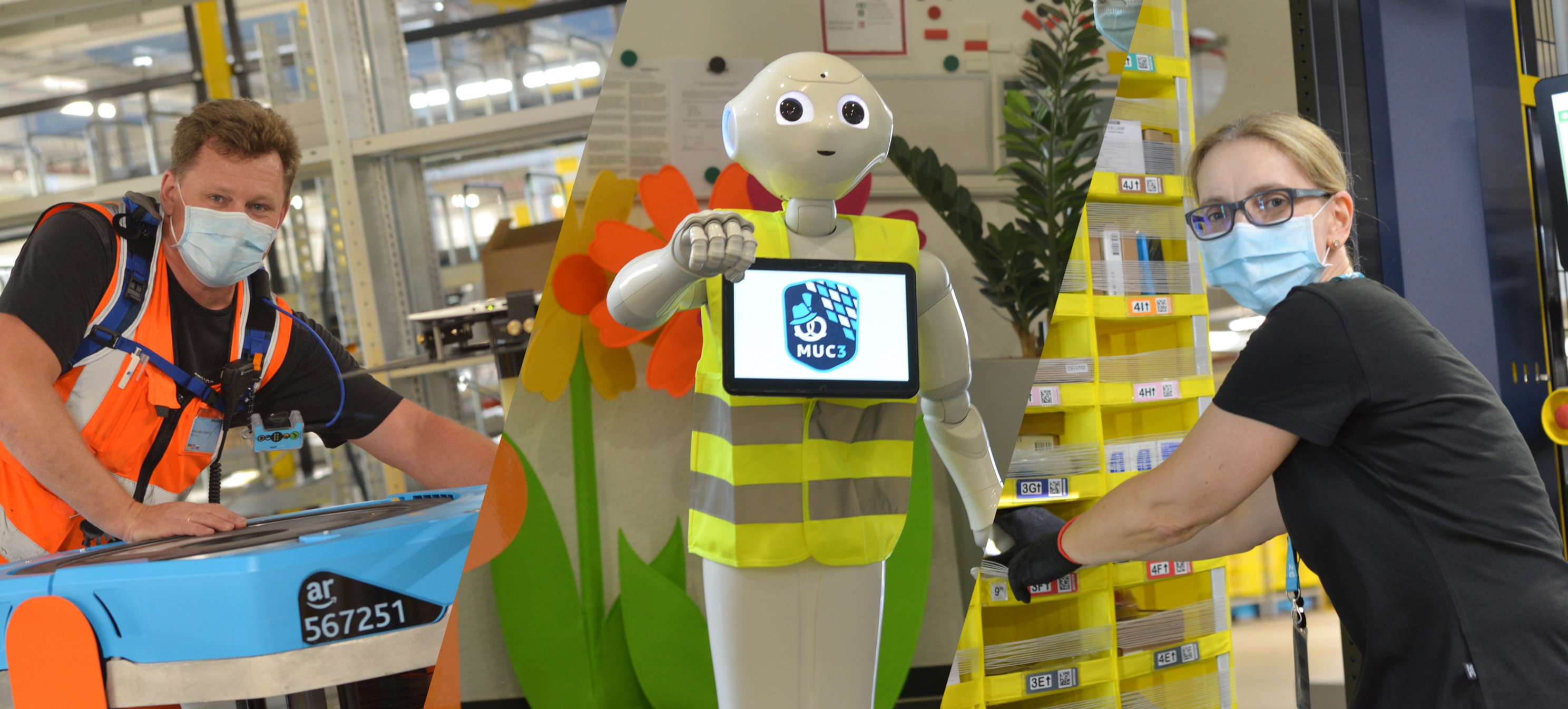 Collage: Robotics-Techniker, Pepper der Roboter und Amazon Versandmitarbeiterin