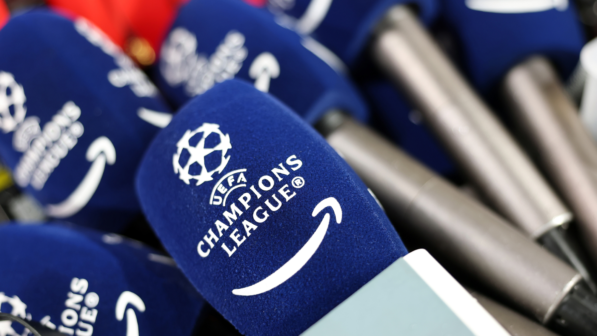UEFA Champions League microphone covers in blue with white logo
