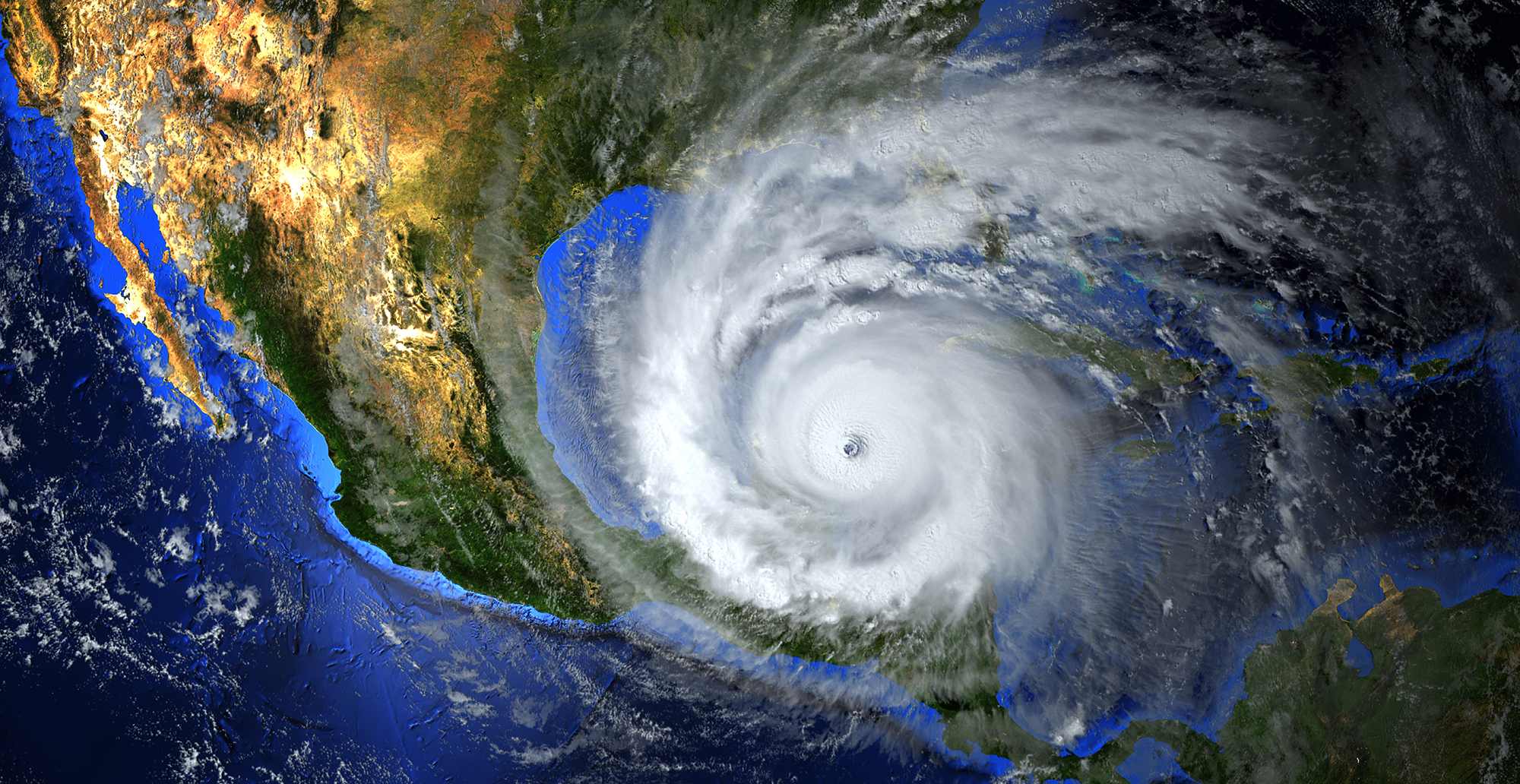 A composite image showing a hurricane approaching the U.S. Gulf Coast