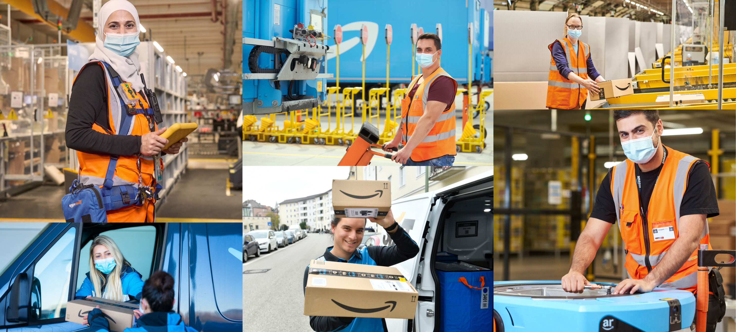 Collage aus Mitarbeiter:innen der Logistik-, Verteil- und Sortierzentren.