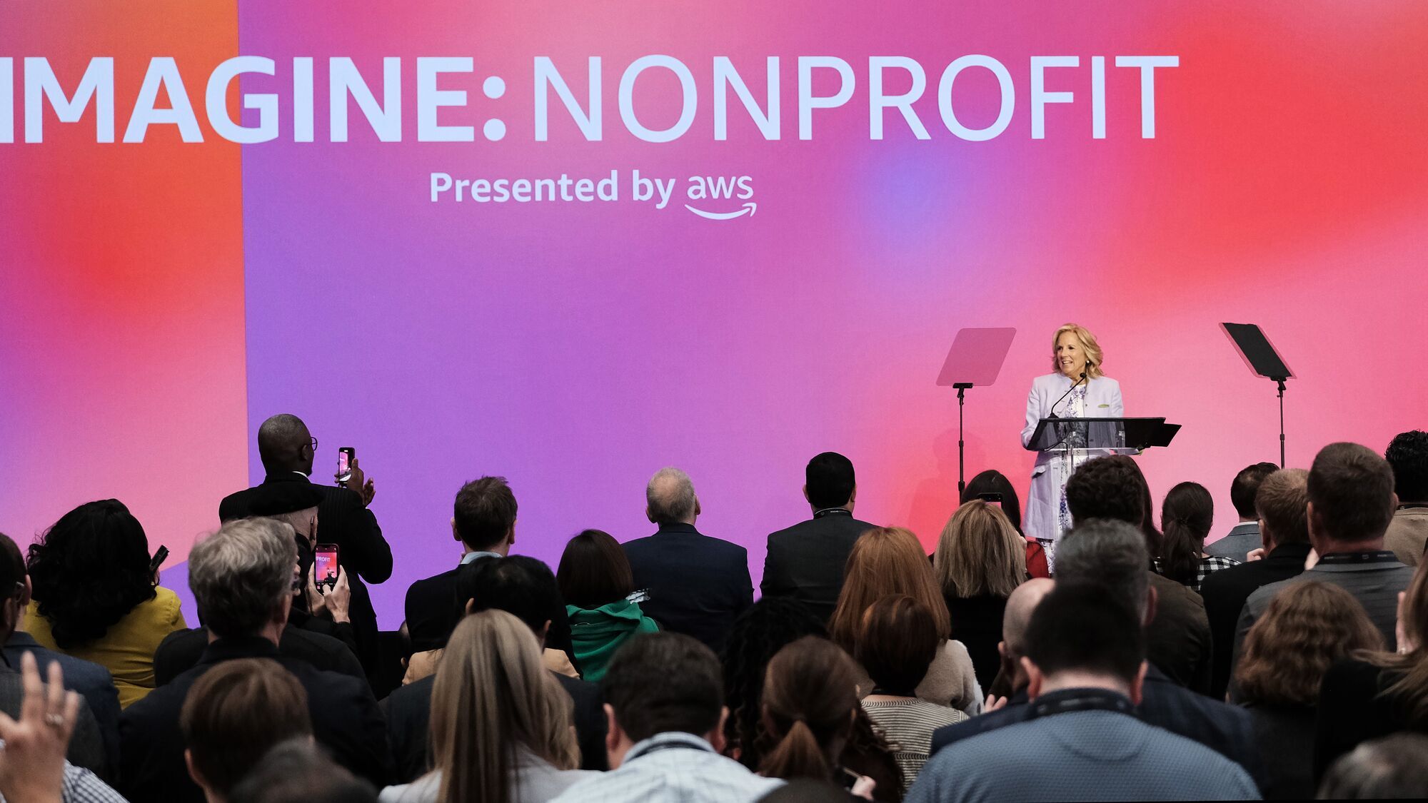 A photo of First Lady Jill Biden speaking on stage at the AWS IMAGINE: Nonprofit Conference.