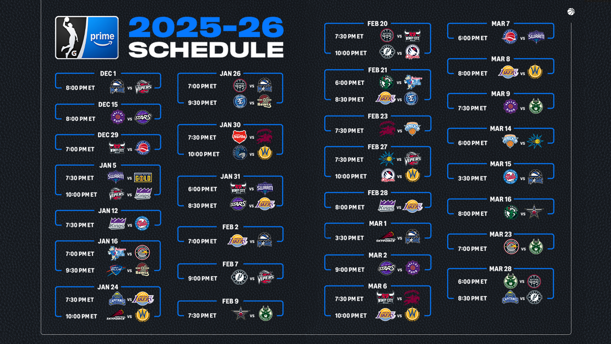 NBA Prime 2025-26 schedule featuring team logos and game times