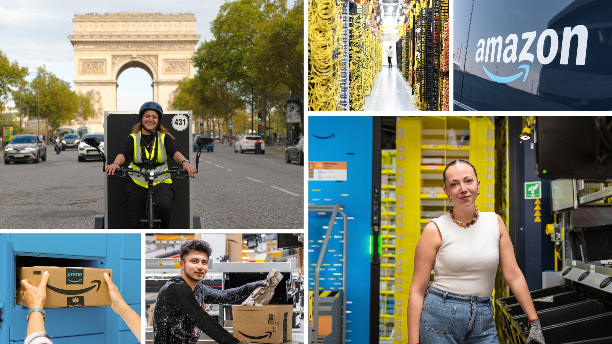 Collage of Amazon employees in various roles: delivery person in Paris, warehouse workers with packages, and operations manager in fulfillment center