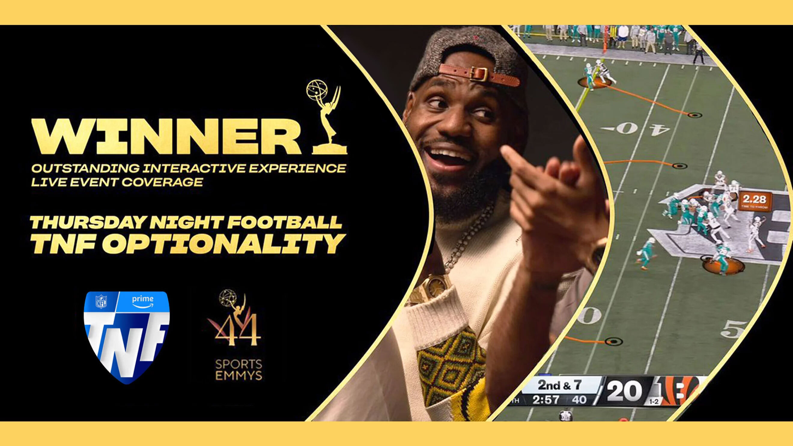 A graphic that reads "Winner, outstanding interactive experience live event coverage" and "Thursday Night Football TNF optionality" with the TNF and Sports Emmys logos at the bottom left. The right side shows two images, one of Lebron James and a football match.