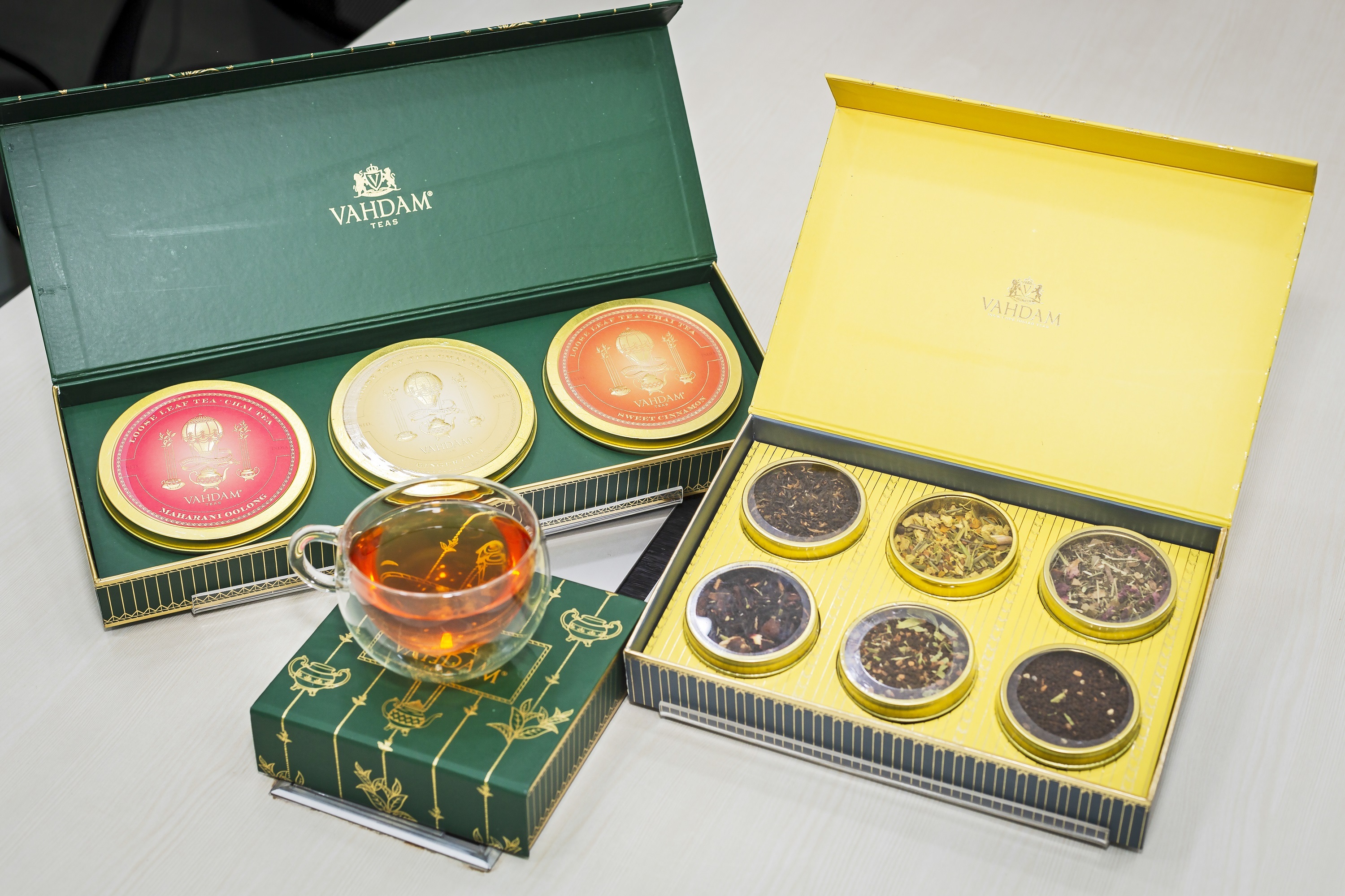 Vahdam tea flavours kept on a desk