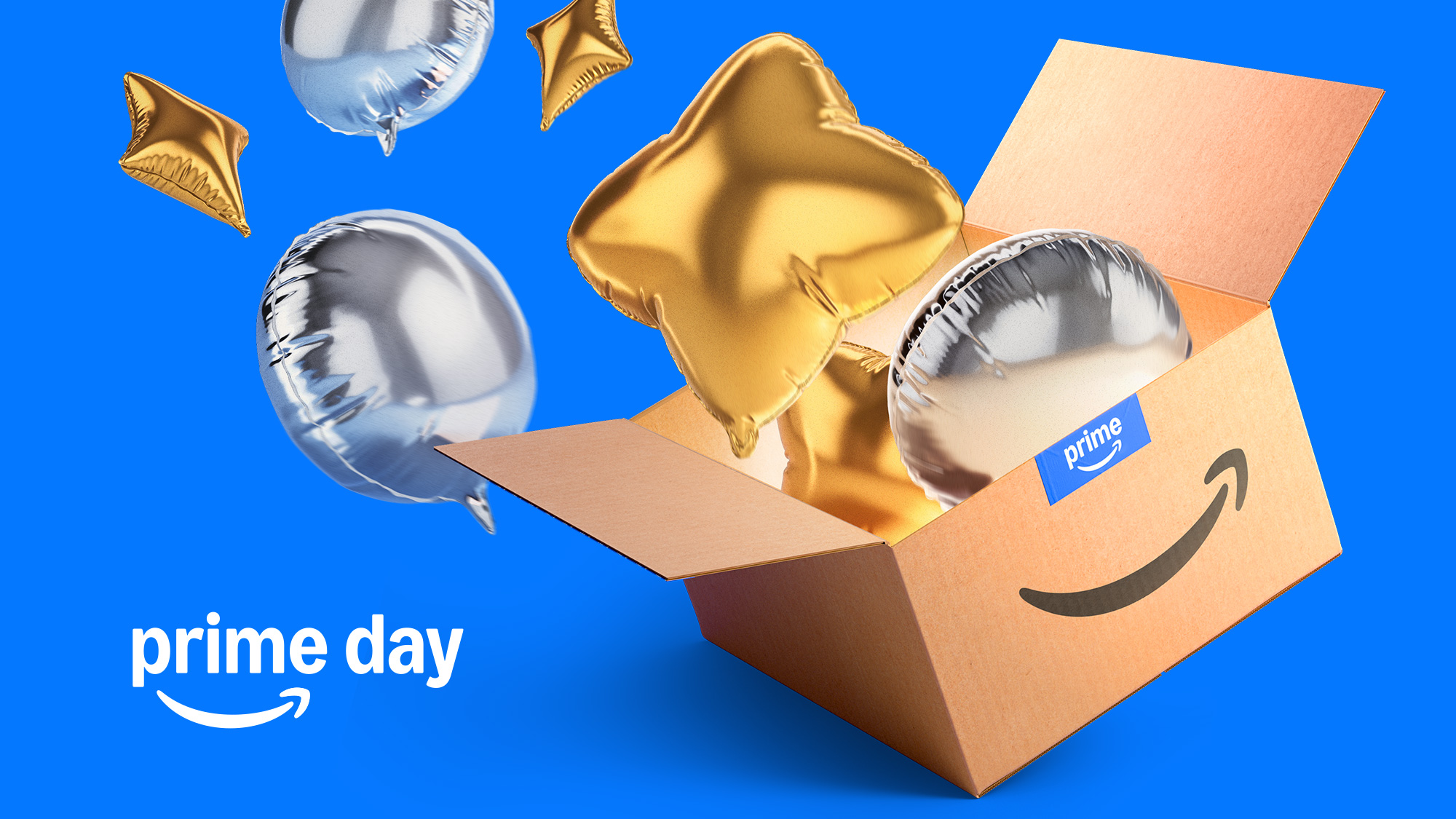 Amazon Prime Day box with celebratory balloons bursting out