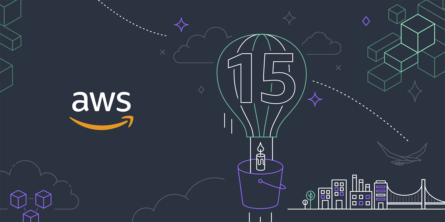 An illustration of a hot air balloon with "15" on it, and an AWS logo to the left. 