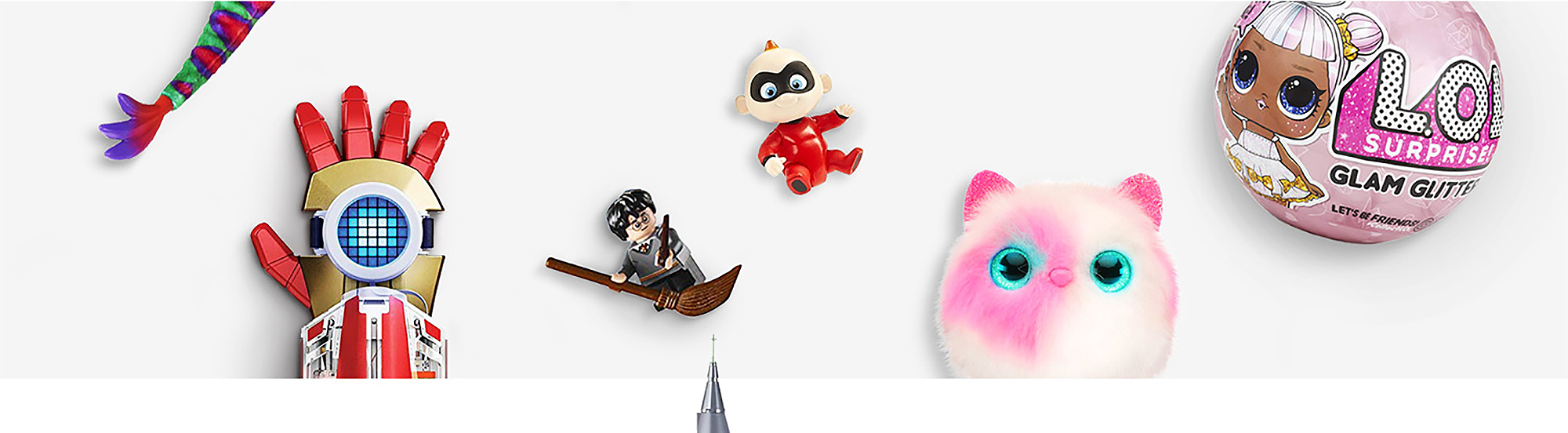 Image of toys including a dinosaur leg, Iron Man glove, Harry Potter LEGO character, Jack-jack from The Incredibles, LOL Surprise doll and a Pomsies pet