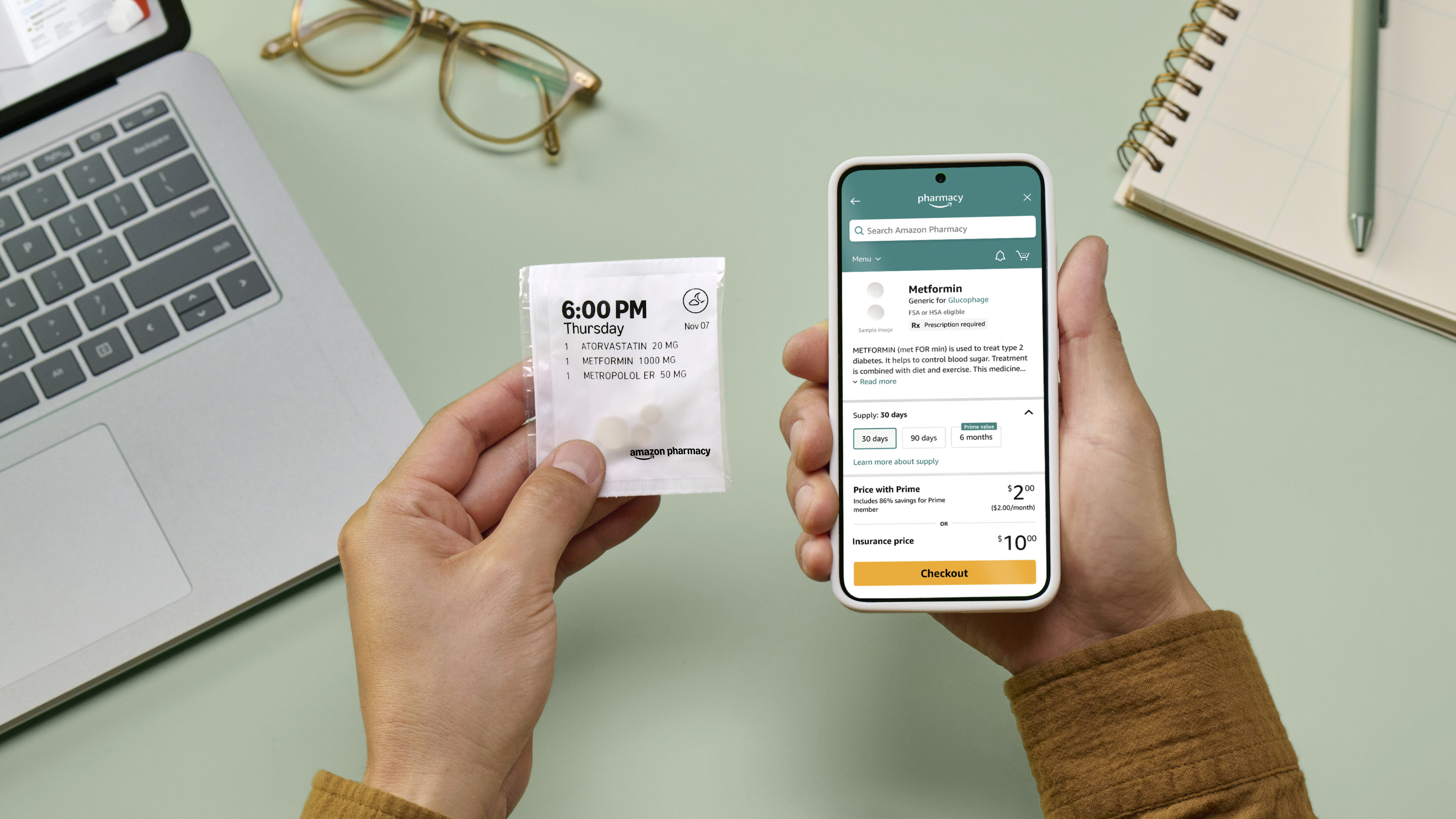 Hands holding Amazon Pharmacy prescription package and smartphone displaying Metformin details
