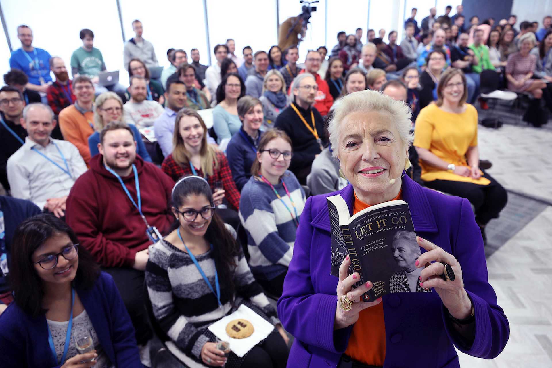 Dame Stephanie Shirley speaking at the Amazon Cambridge Development Centre