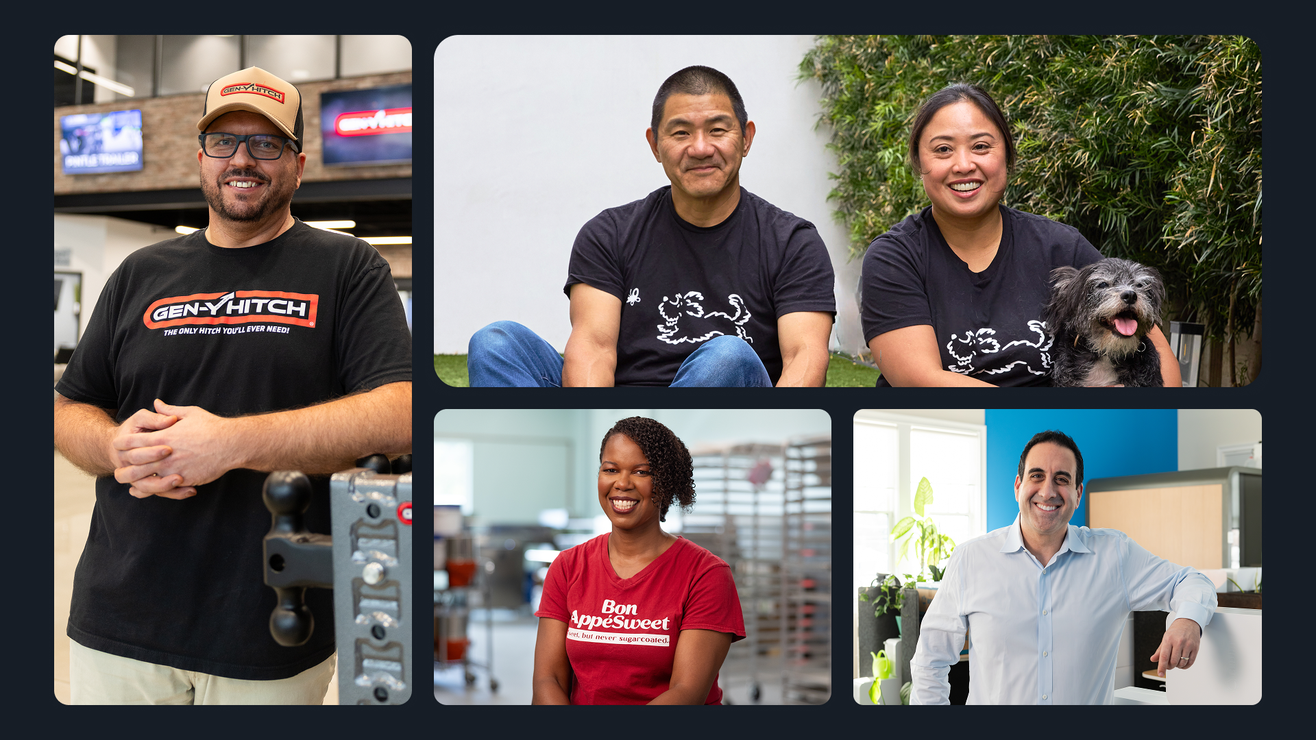 Five Amazon sellers pose in their respective business environments, including a product showroom, a green plant wall backdrop, a food production space, and a modern office.
