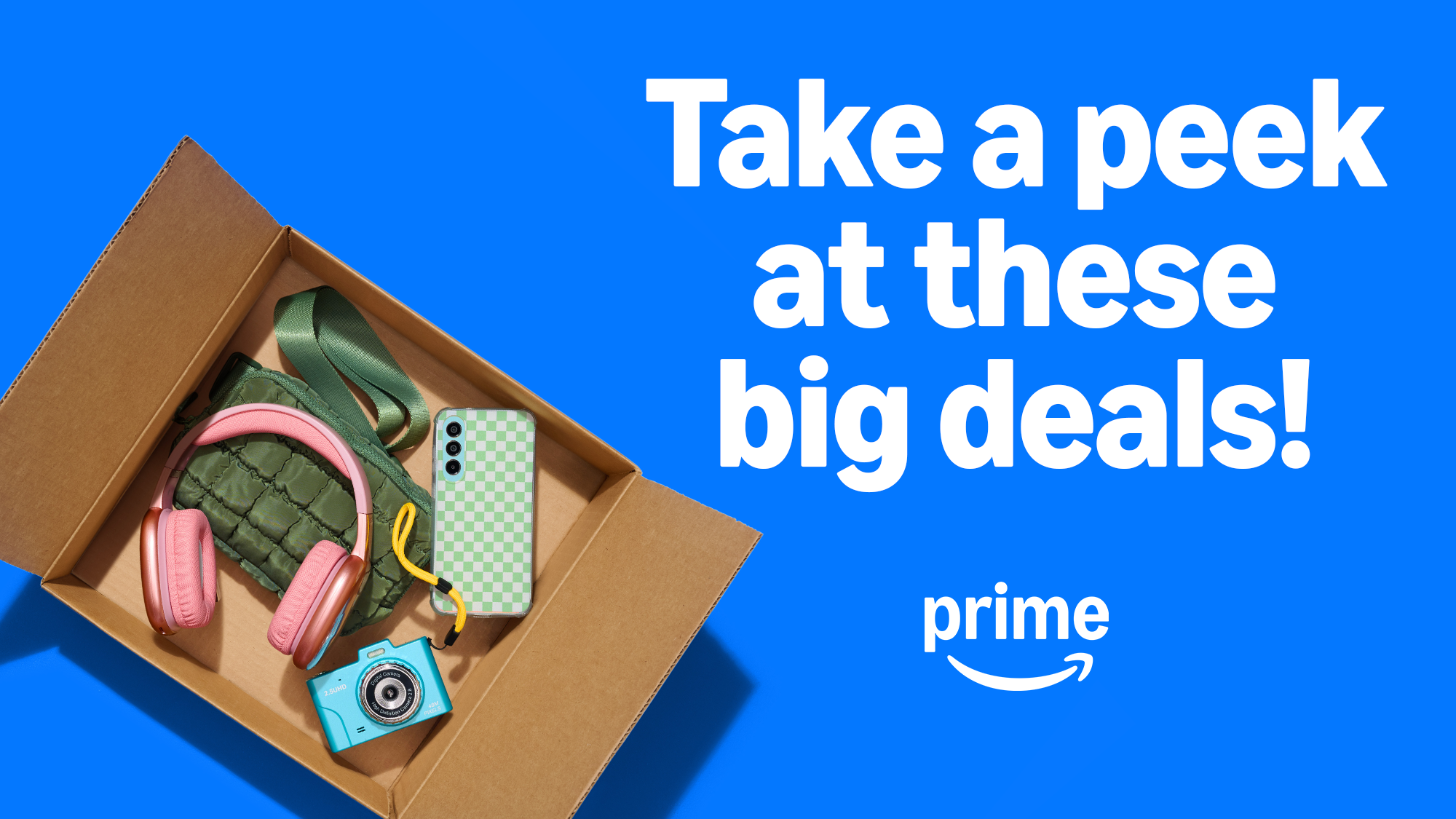 Prime big deals advertisement featuring colorful tech gadgets in an open box
