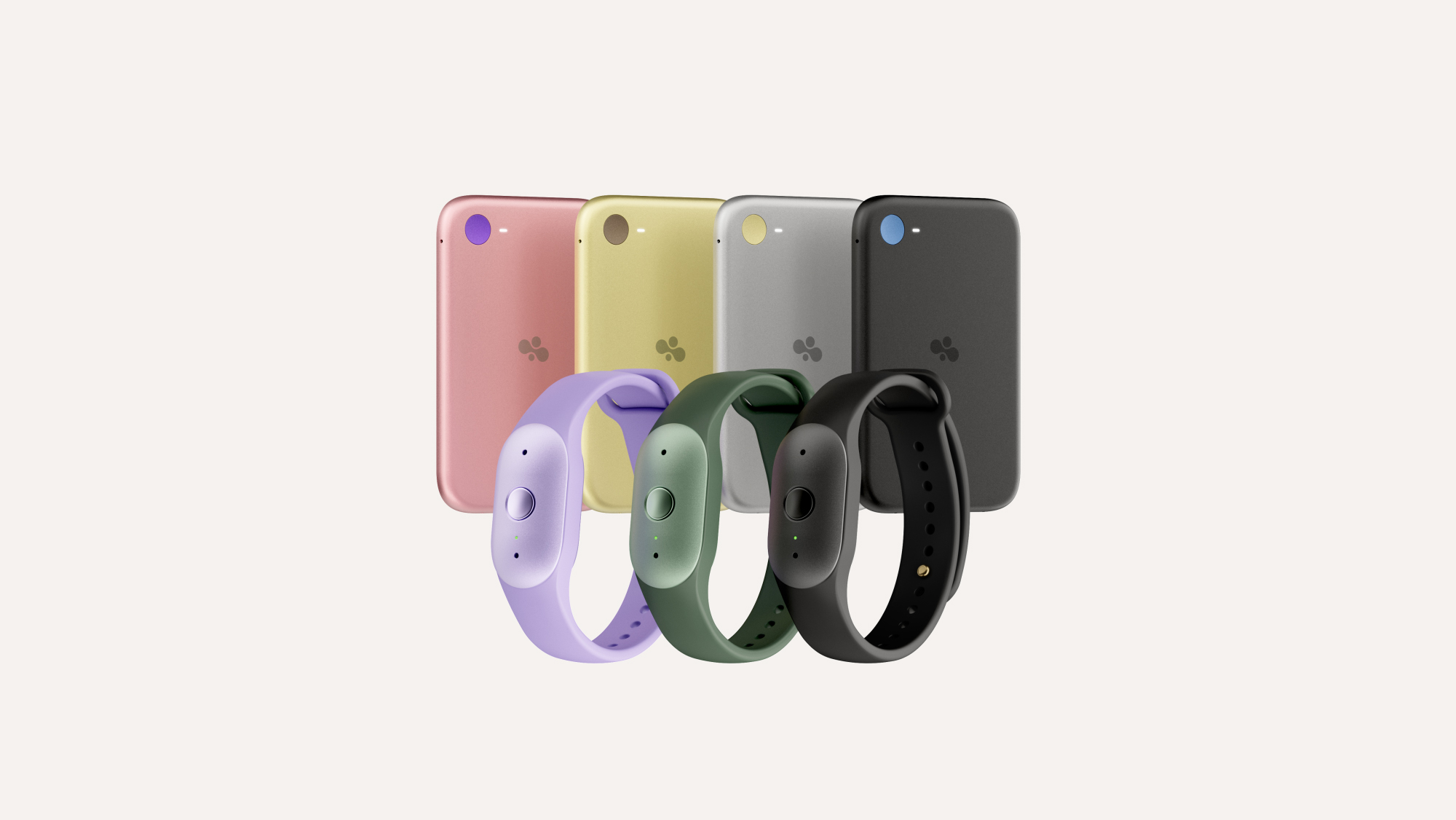 Three Bee Frontier AI wearables and four Bee Eclipse magnetic phone attachements.