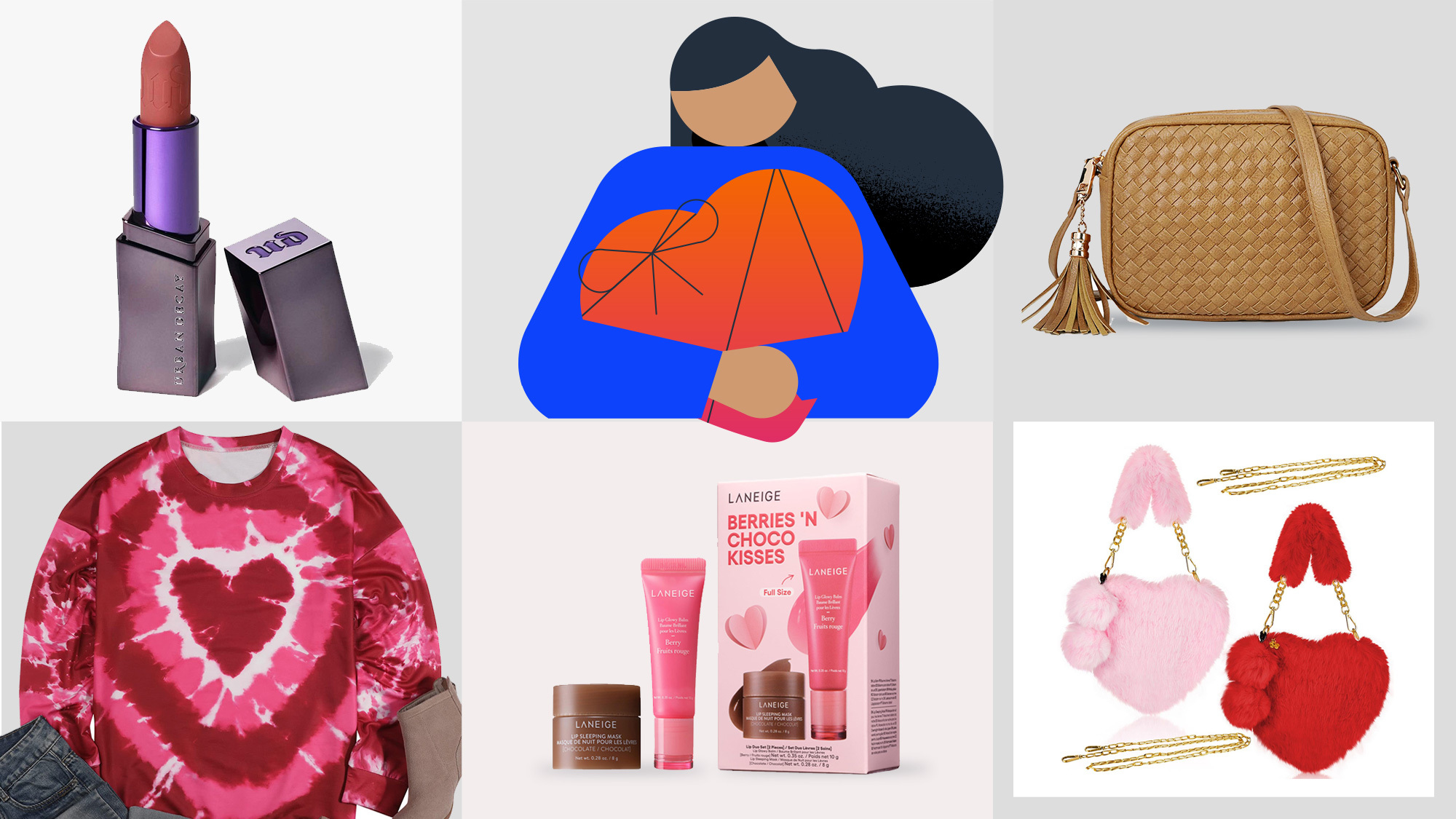 Valentine's gifts for her: collage of lipstick, purse, sweatshirt with heart, lip masks, and heart-shaped purses