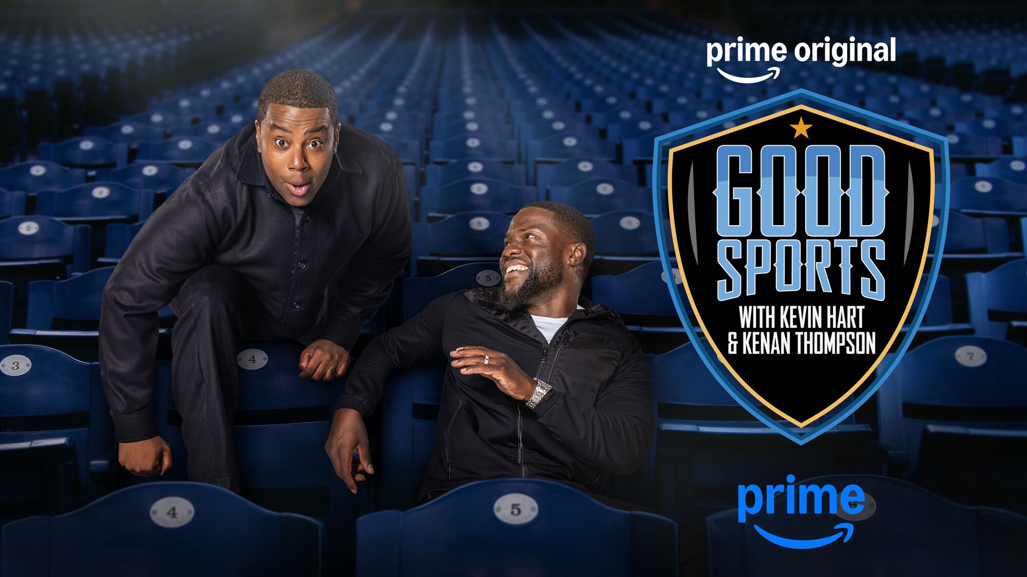 Kevin Hart and Kenan Thompson pose in stadium seats for Prime show 'Good Sports'