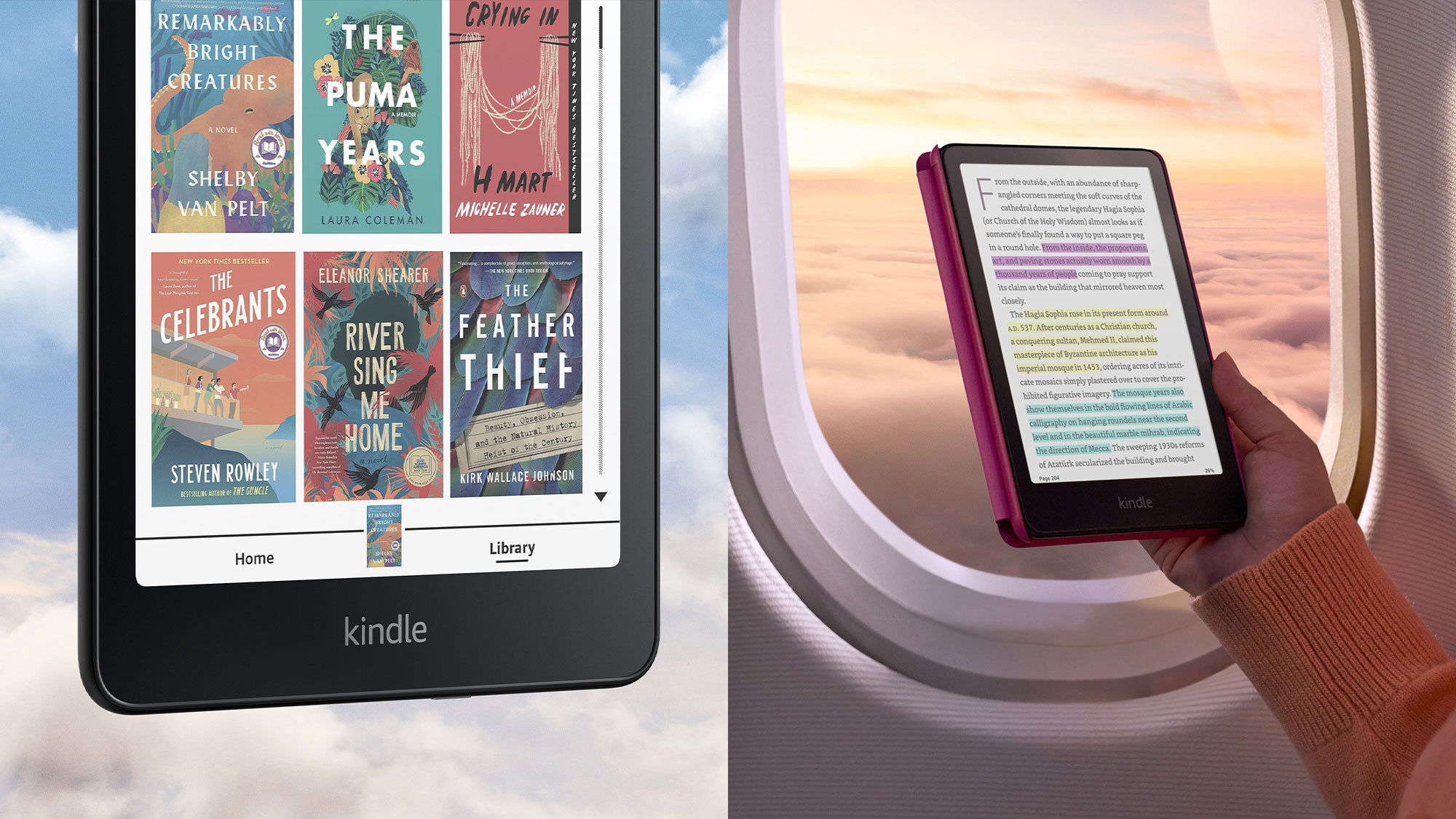 Color Kindle device in front of a cloud background and in an airplane window