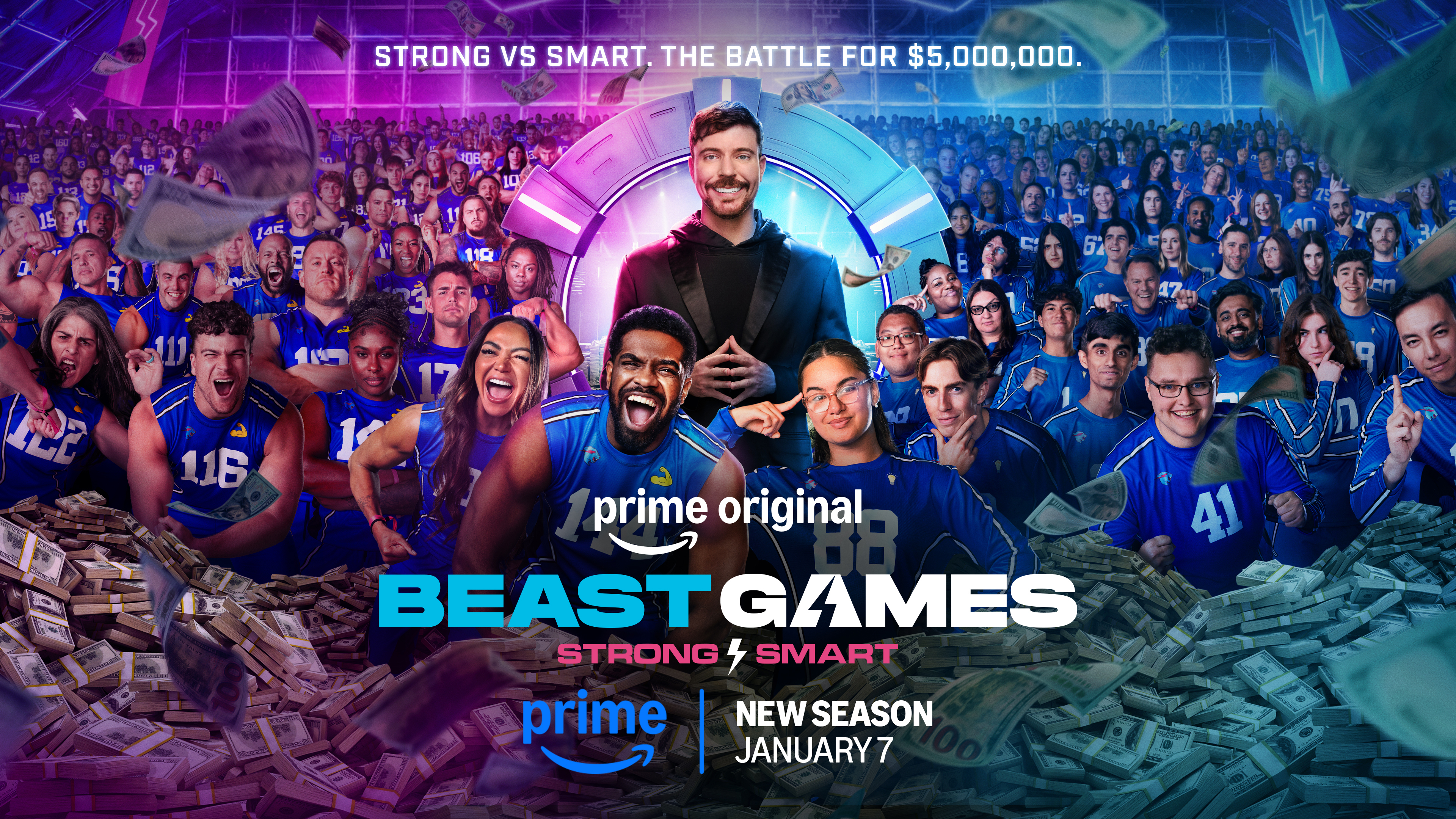 Promotional poster for Prime's Beast Games: Strong vs Smart with $5 million prize