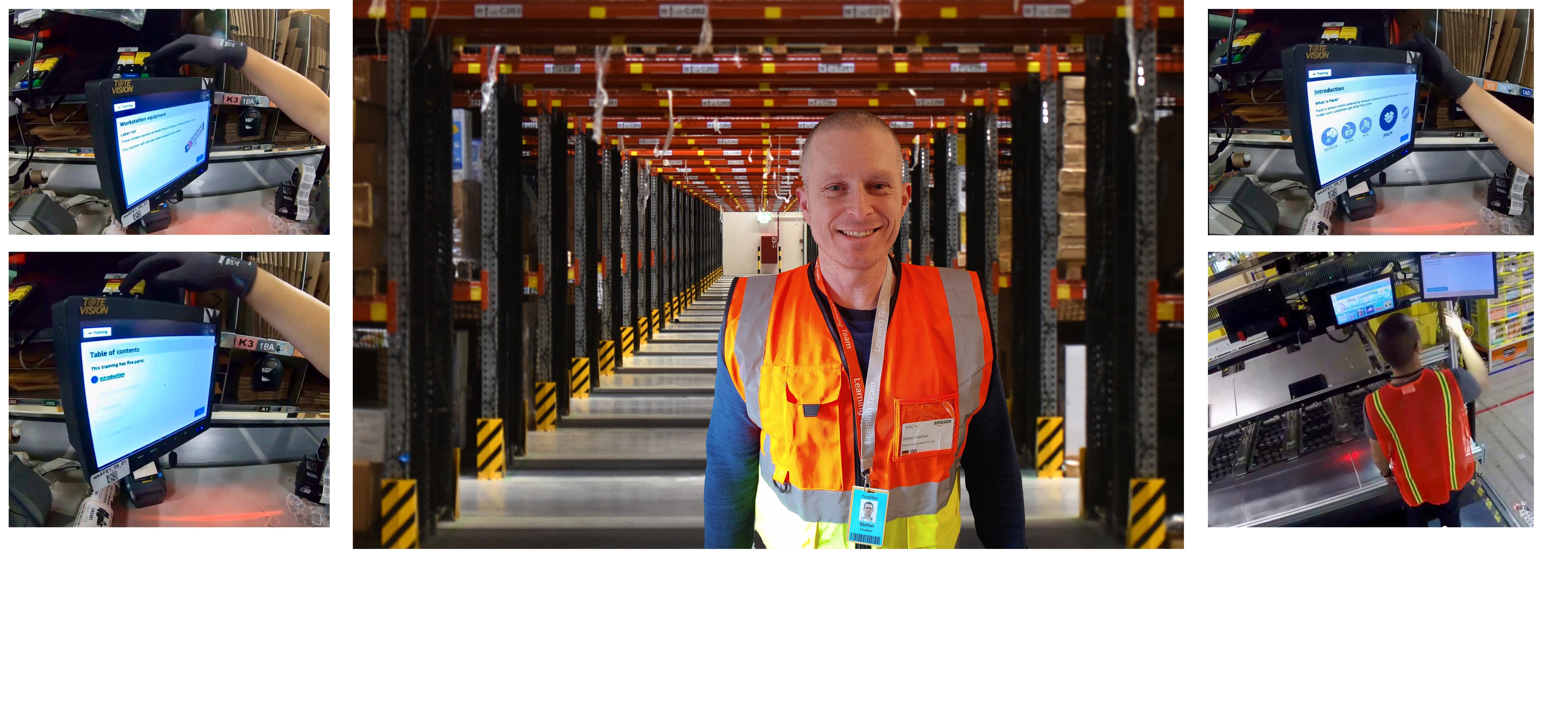 Collage: Stefan Hölter mit Sicherheitsweste im Logistikzentrum (Mitte) + Screenshots von Bildschirmen mit den In App Trainings