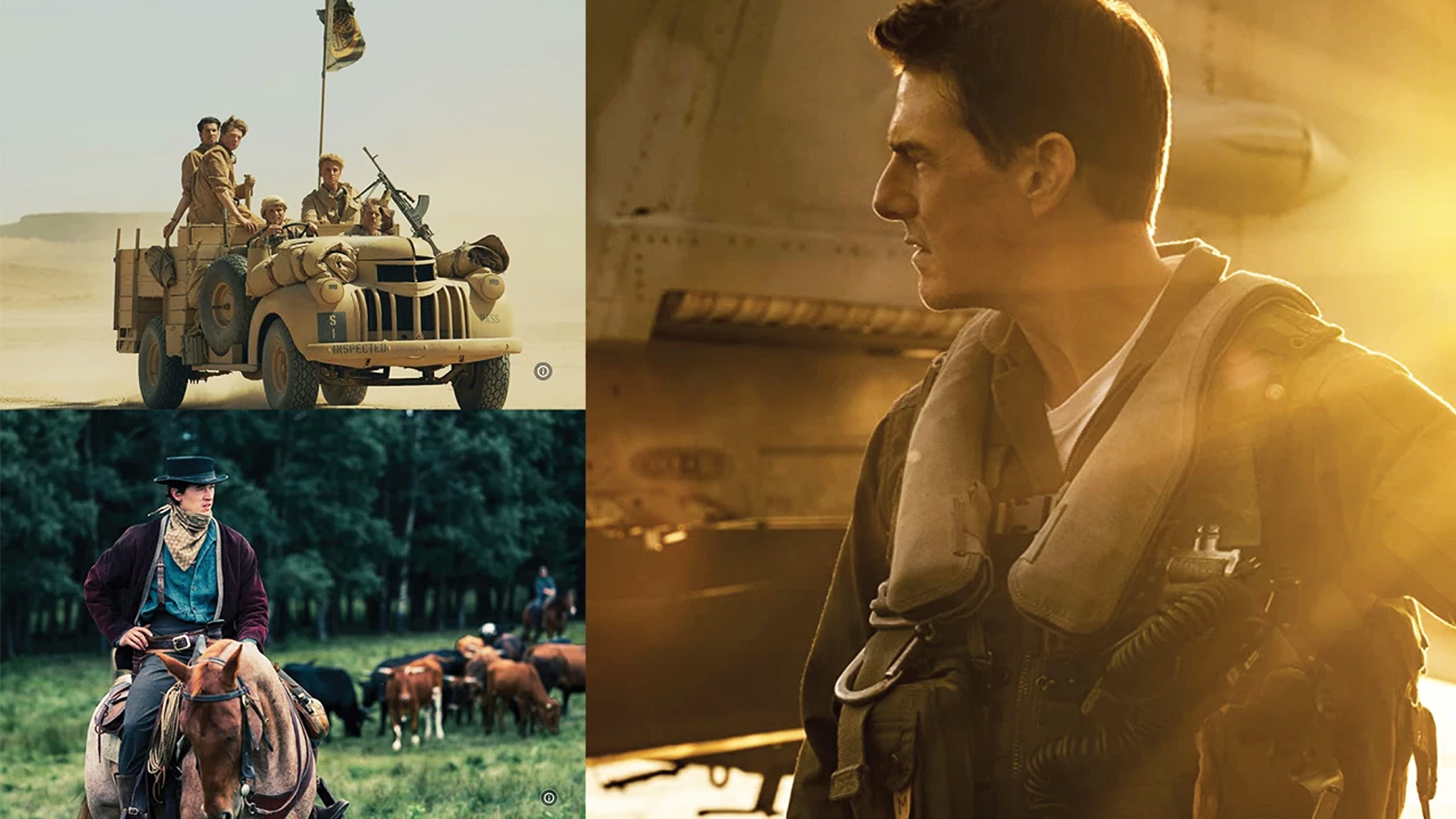 A split image of several images from films. One is Tom Cruise in pilot's gear looking off into the distance in a scene from Top Gun: Maverick. Another is a military Jeep driving in a sandy landscape with several soldiers riding along and a flag flying from the top. Another is a cowboy riding a horse through a green area with a herd of cattle behind him.