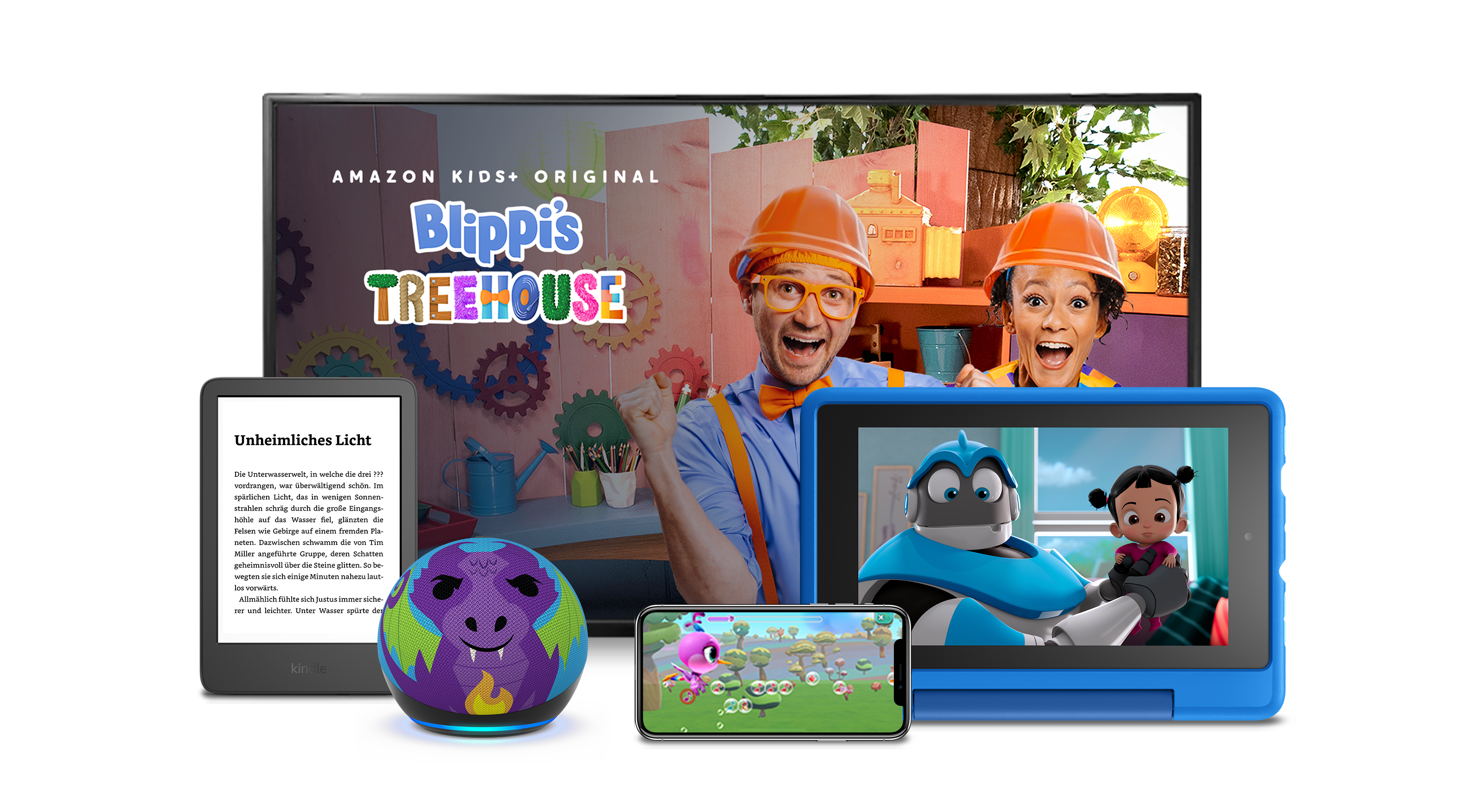 An image showing an Echo device and a television behind it. There are multiple kids' show options on the television in the back.
