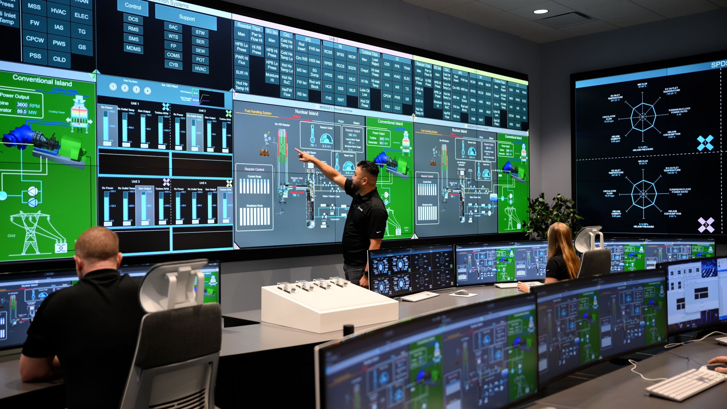 High-tech operations center with staff monitoring multiple screens