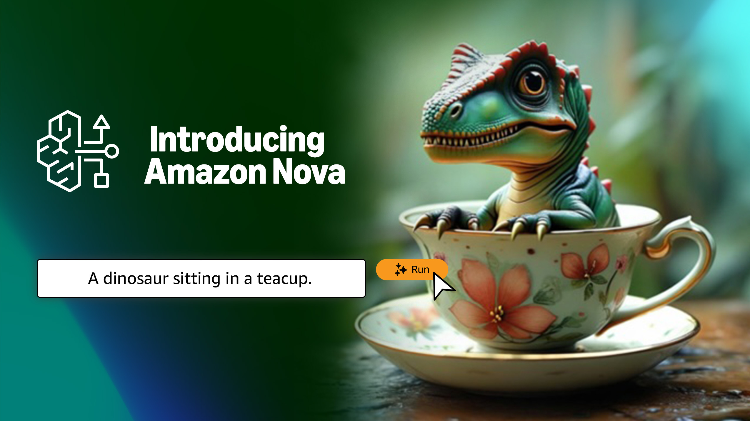 Introducing Amazon Nova, dinosaur sitting in a teacup