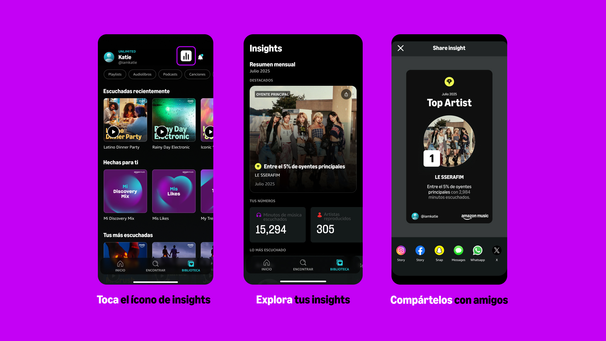 Spotify-like music app interface showcasing insights and sharing features
