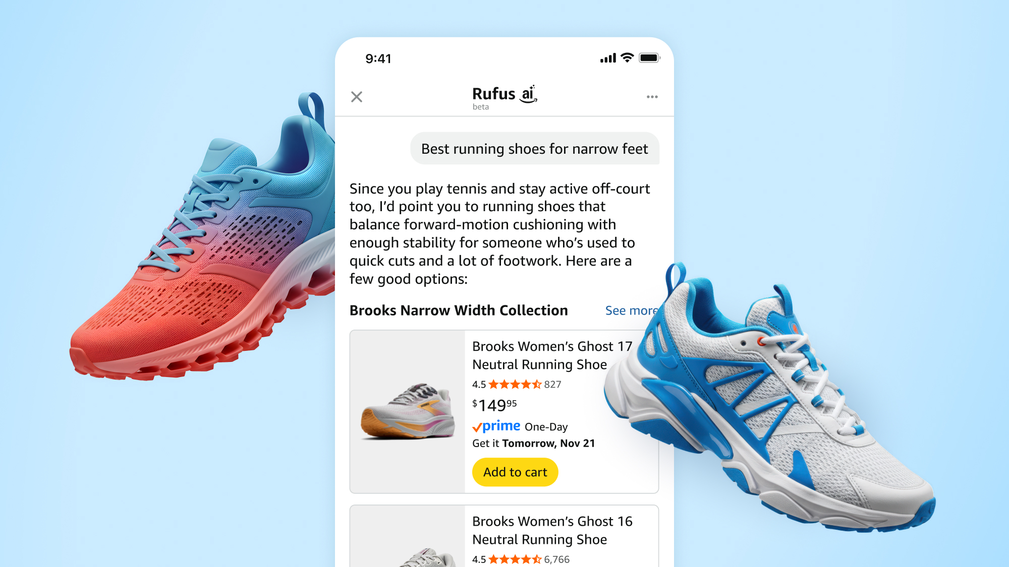 Rufus AI-powered running shoe recommendations for narrow feet