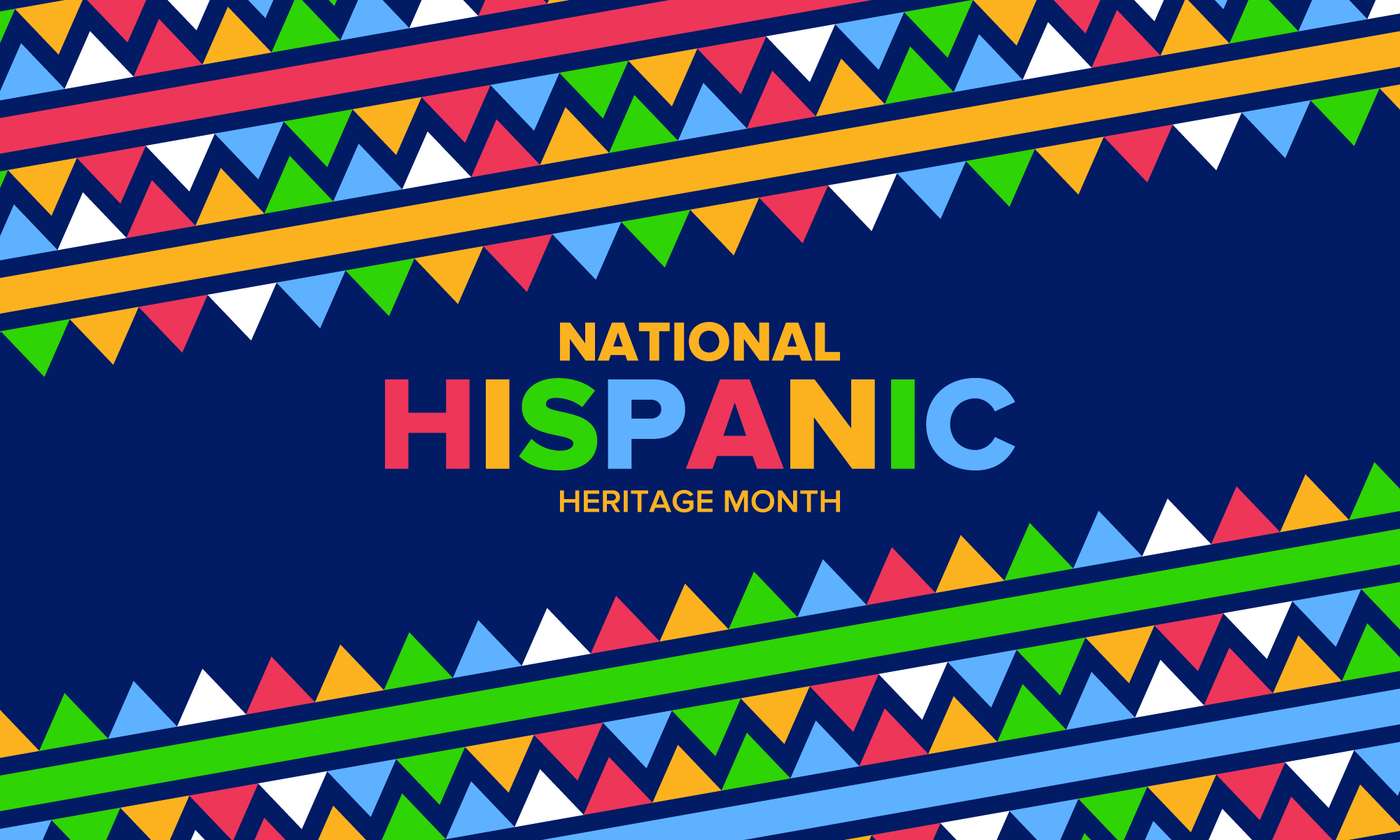 An illustration on a blue background with multicolored flags and "National Hispanic Heritage Month" in text