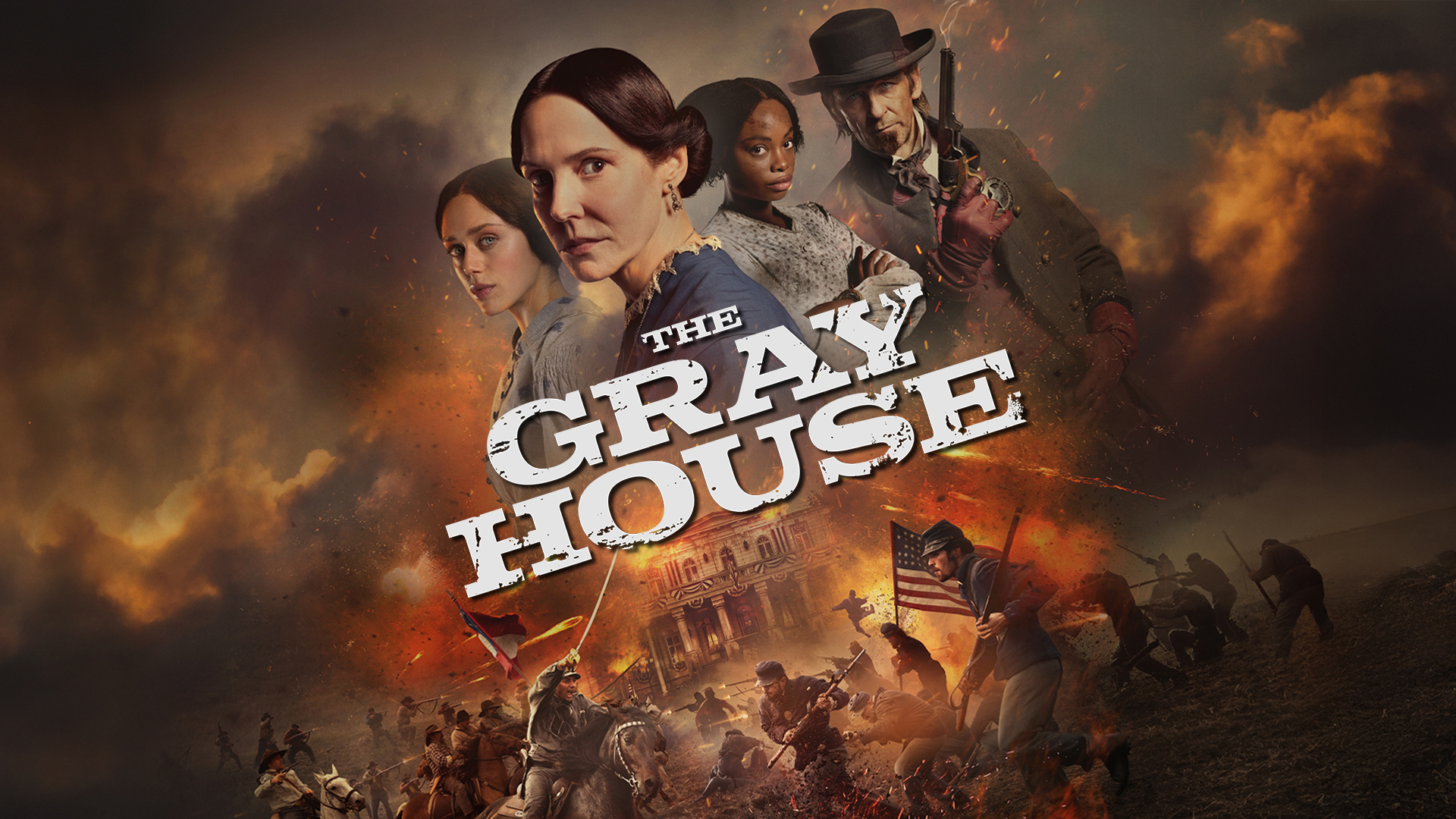Promotional poster for 'The Gray House' featuring four main characters against fiery backdrop