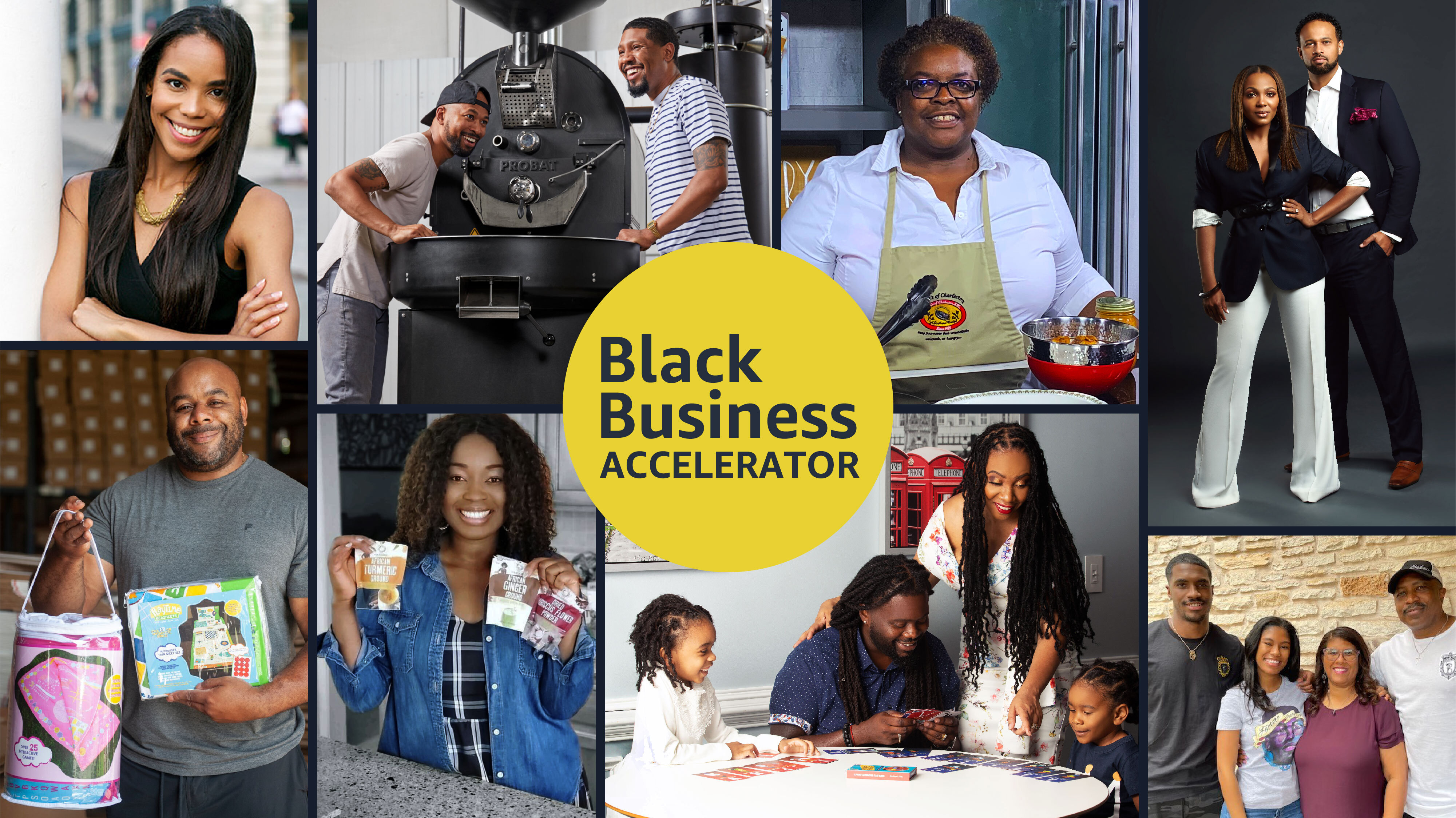 A collage of sellers that are part of the Black Business Accelerator program hold up their products and smile for the picture. 