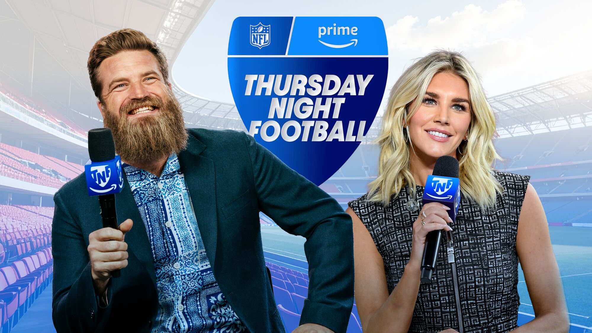 Ryan Fitzpatrick and Charissa Thompson with the Prime Video "Thursday Night Football" logo behind them.