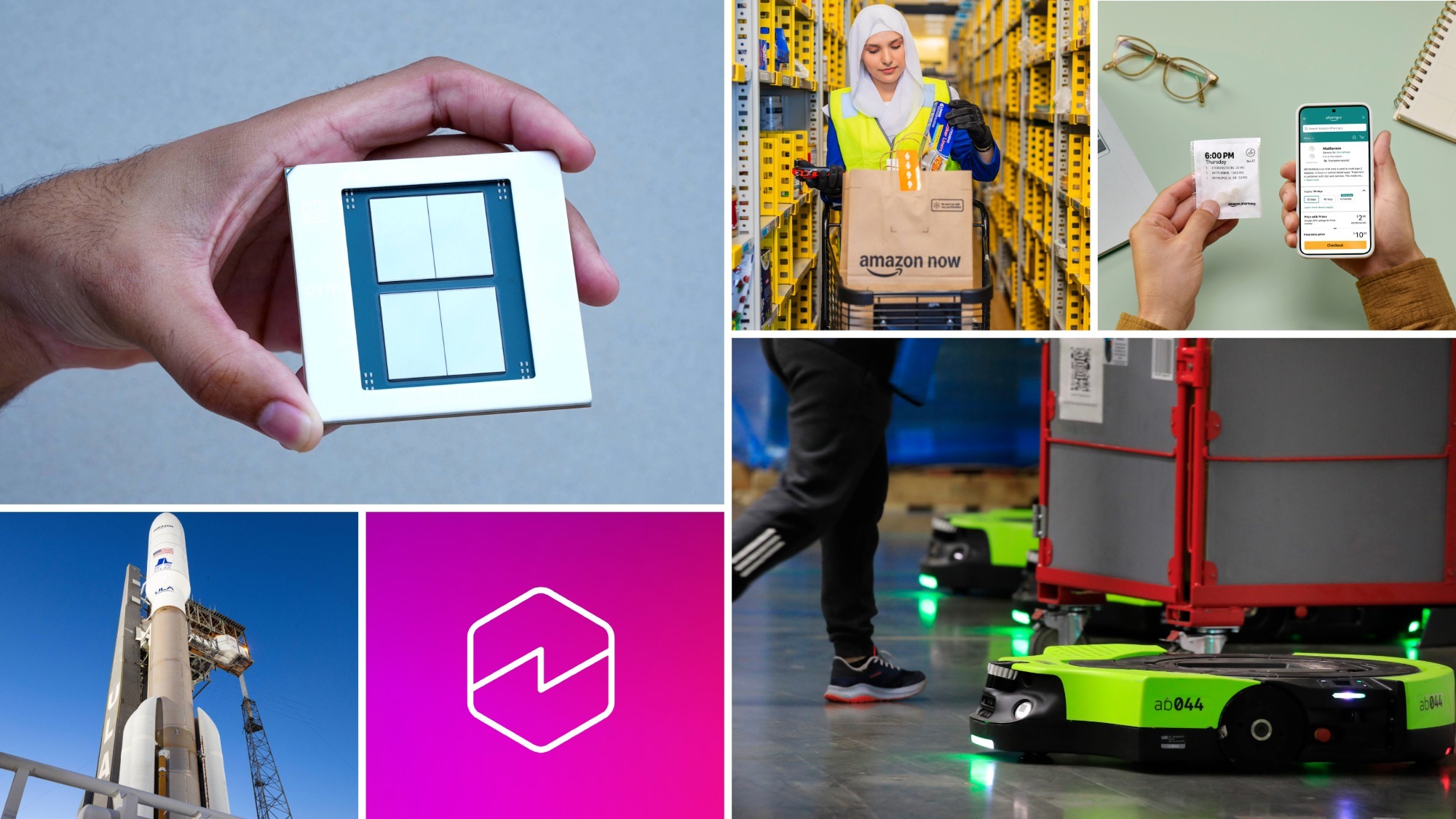 A collage featuring highlights from Amazon's second quarter earnings results: a custom chip, an employee preparing an Amazon Now order, a smartphone featuring an online Amazon Pharmacy prescription order, an Amazon Leo rocket, Amazon Quick logo, an Amazon Proteus robot alongside an employee.