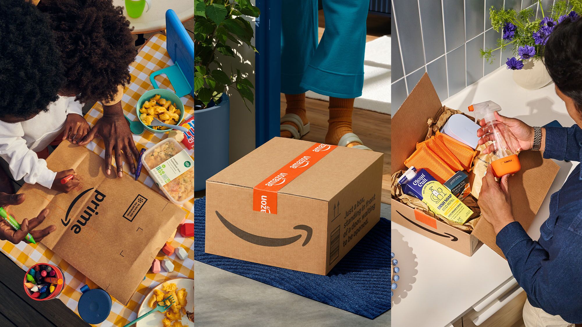 Amazon Prime moments captured in three images— a family unboxing snacks and crafts, a package left at the door, and a homeowner unpacking household cleaning supplies