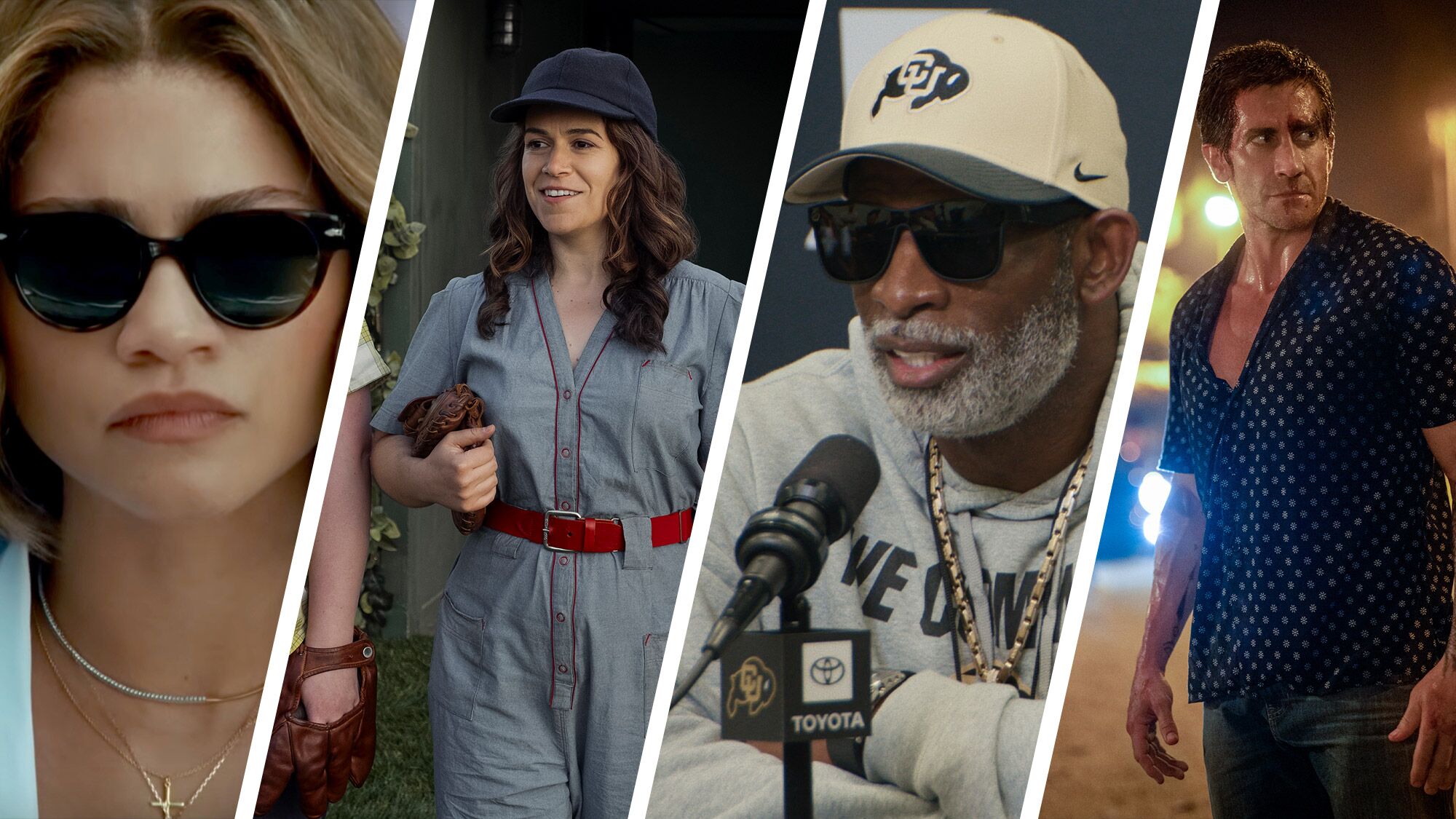 Collage of actors in various roles on Prime Video shows and movies, including Zendaya, Deion Sanders, and Jake Gyllenhaal.