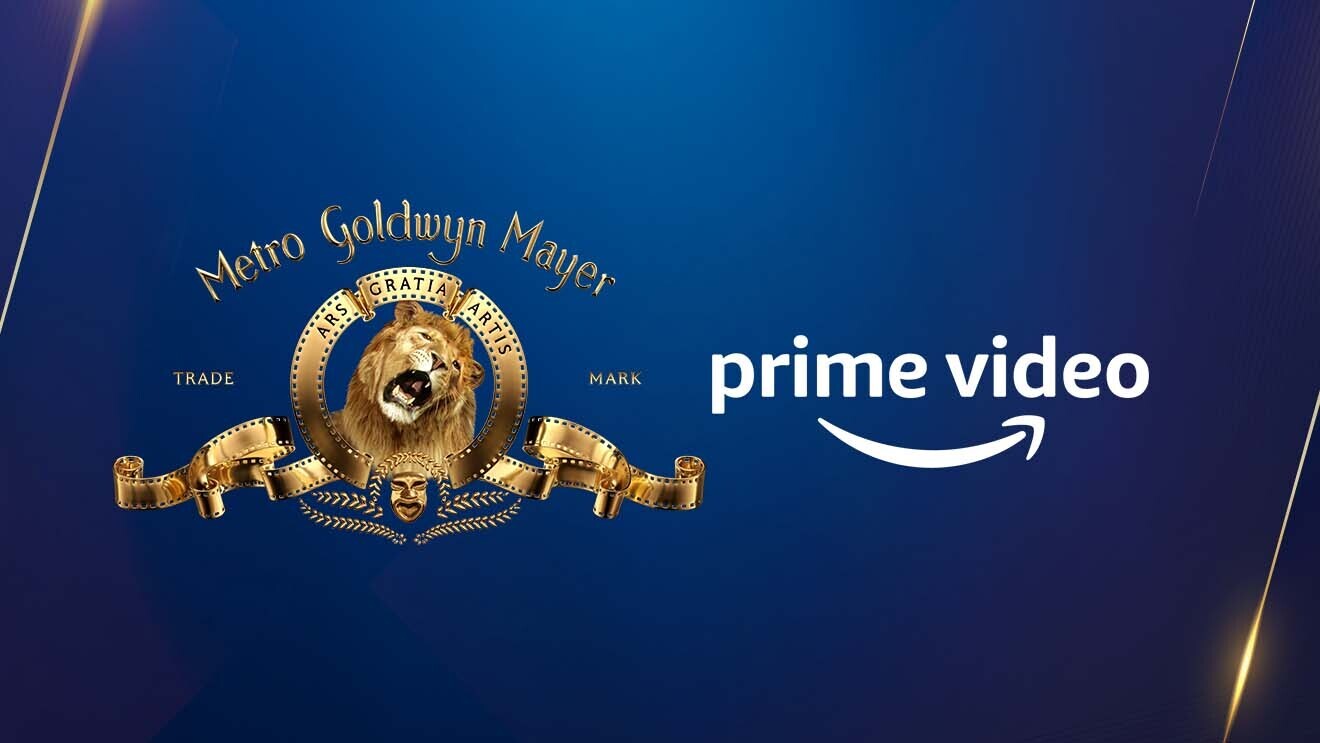 Metro Goldwyn Mayer (MGM) logo and trademark, alongside Prime Video logo on a blue background. 